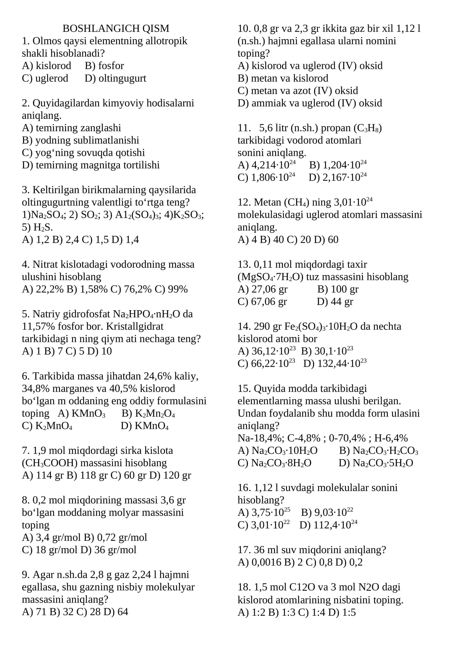 🧪 KIMYO FANIDAN 30 TALIK JAVOBLI TEST