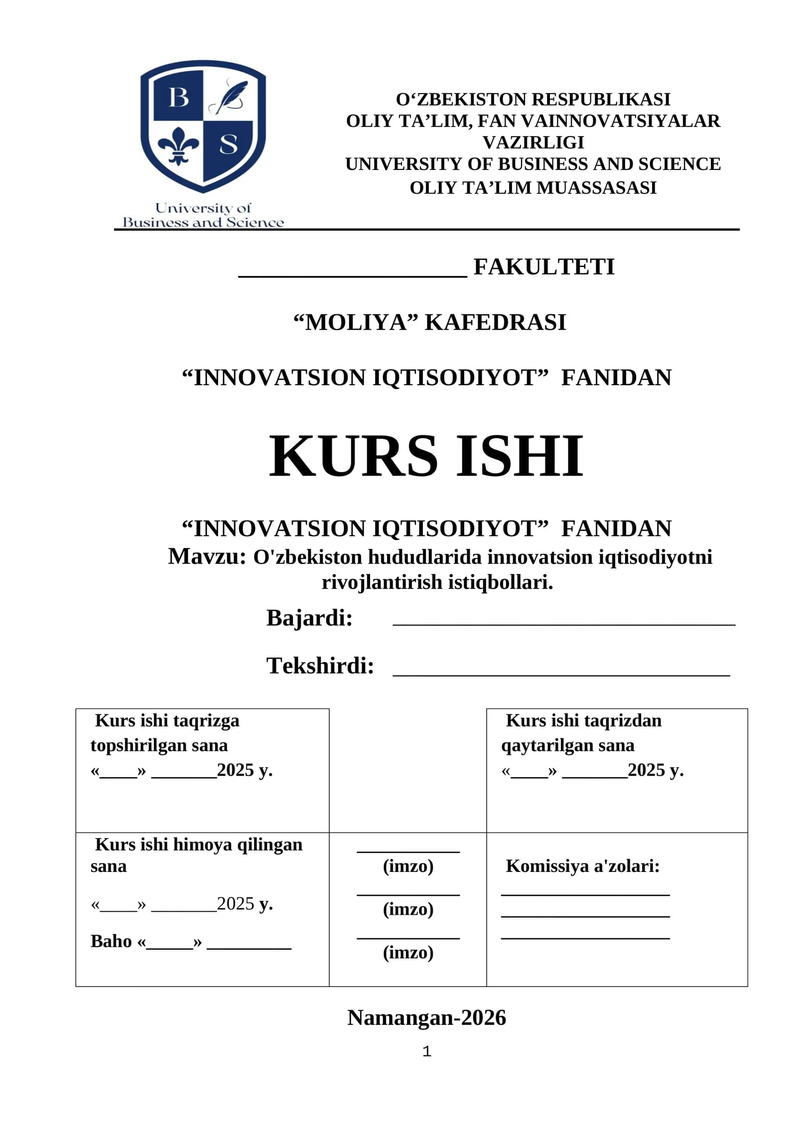 Kurs ishi "Innovatsion iqtisodiyotni rivojlantirish istiqbollari"