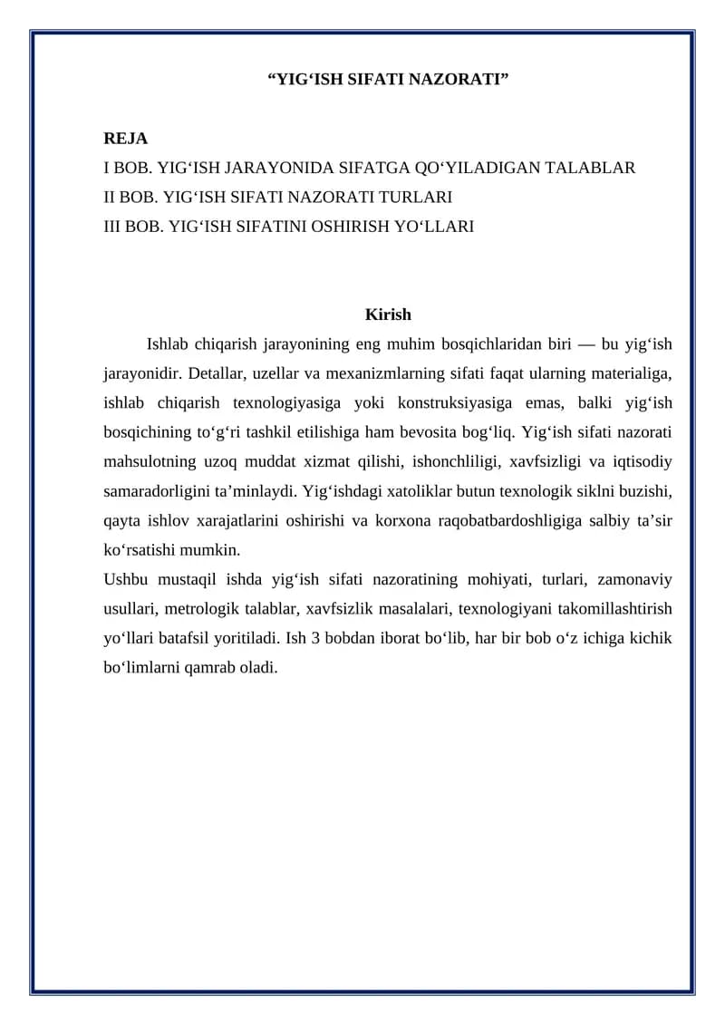 YIG‘ISH SIFATI NAZORATI