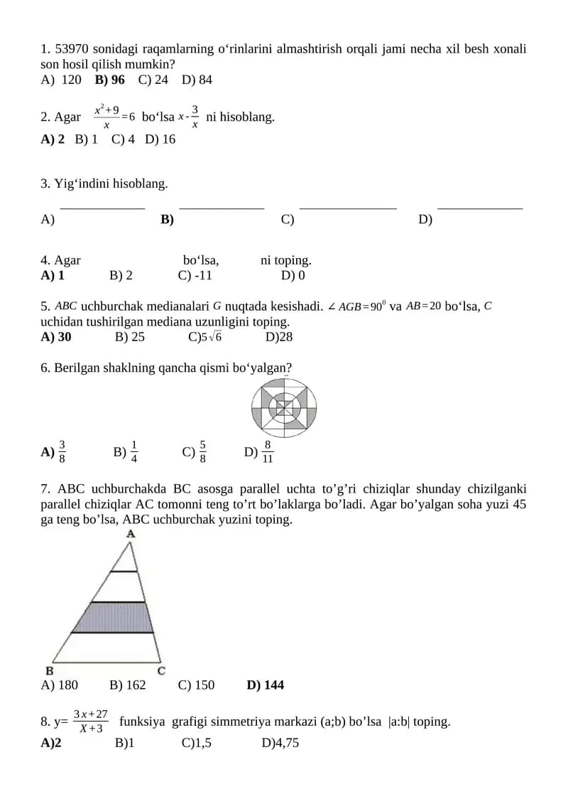 ABC uchburchakda BC asosga parallel uchta to’g’ri chiziqlar