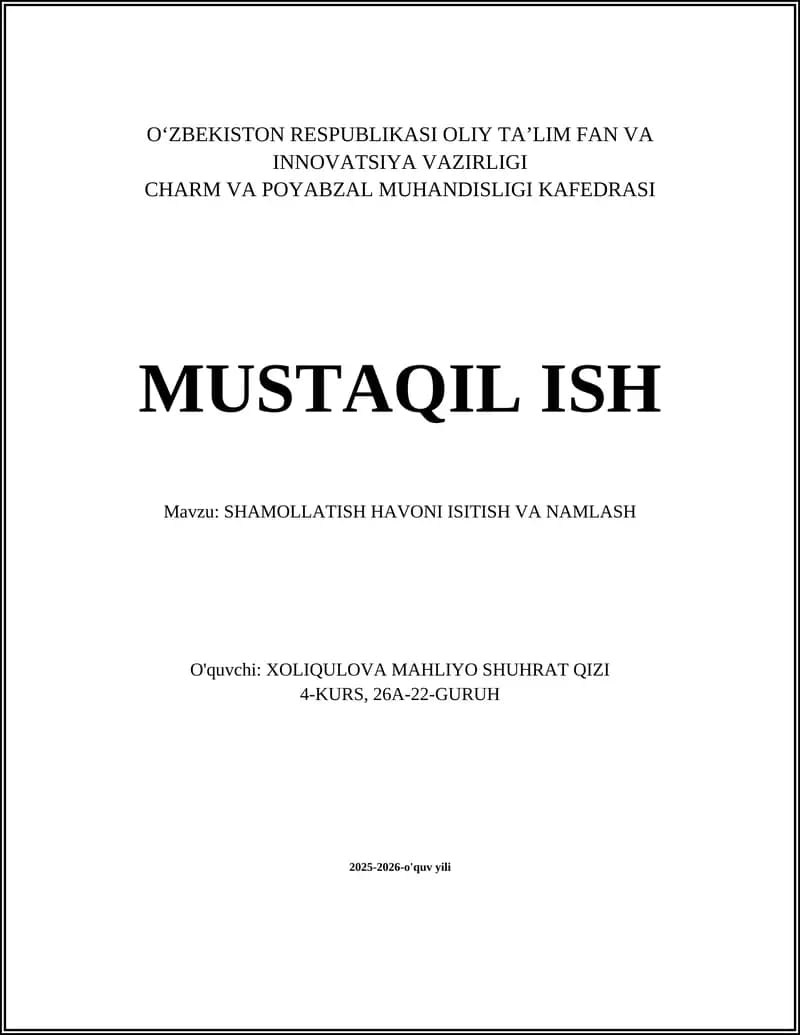 SHAMOLLATISH HAVONI ISITISH VA NAMLASH