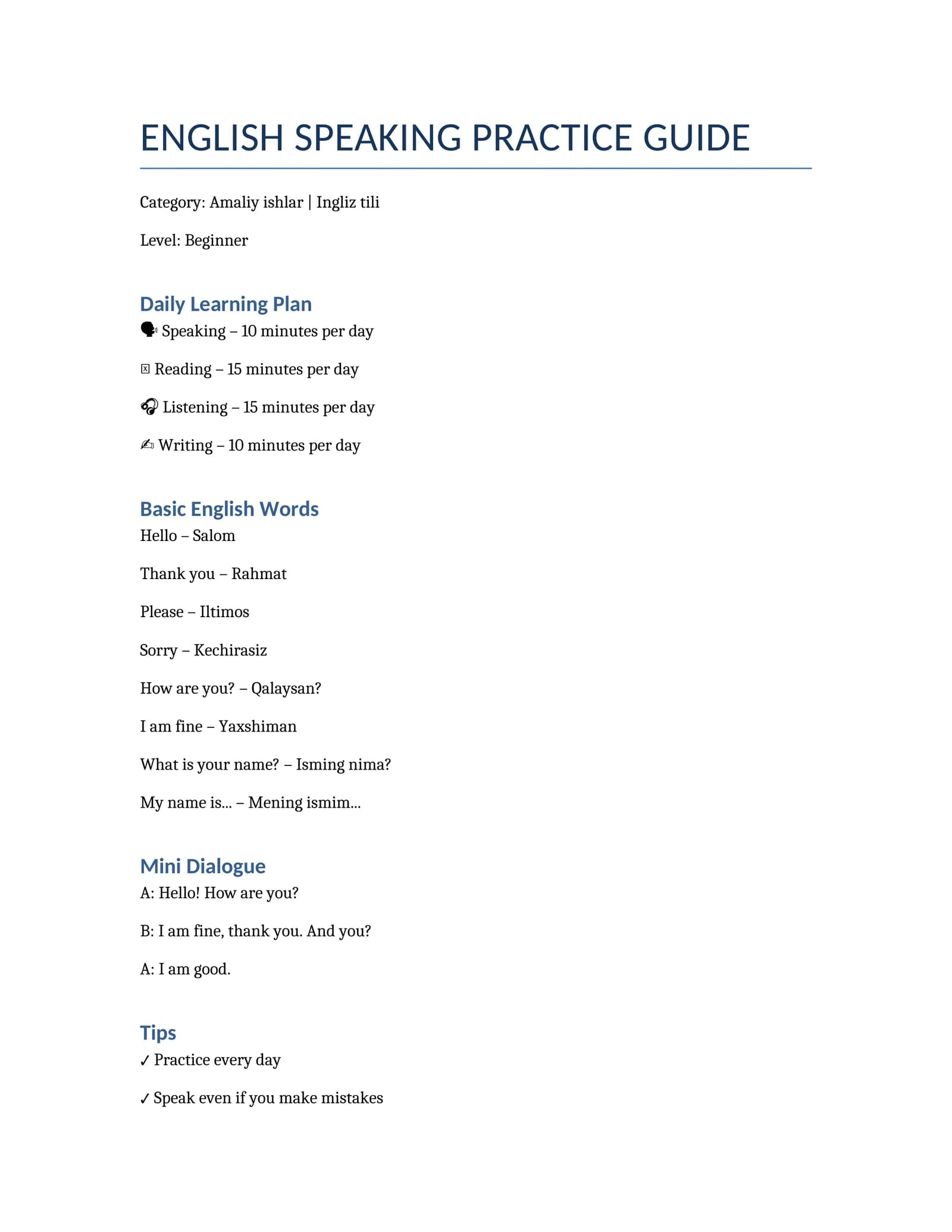 ENGLISH SPEAKING PRACTICE GUIDE