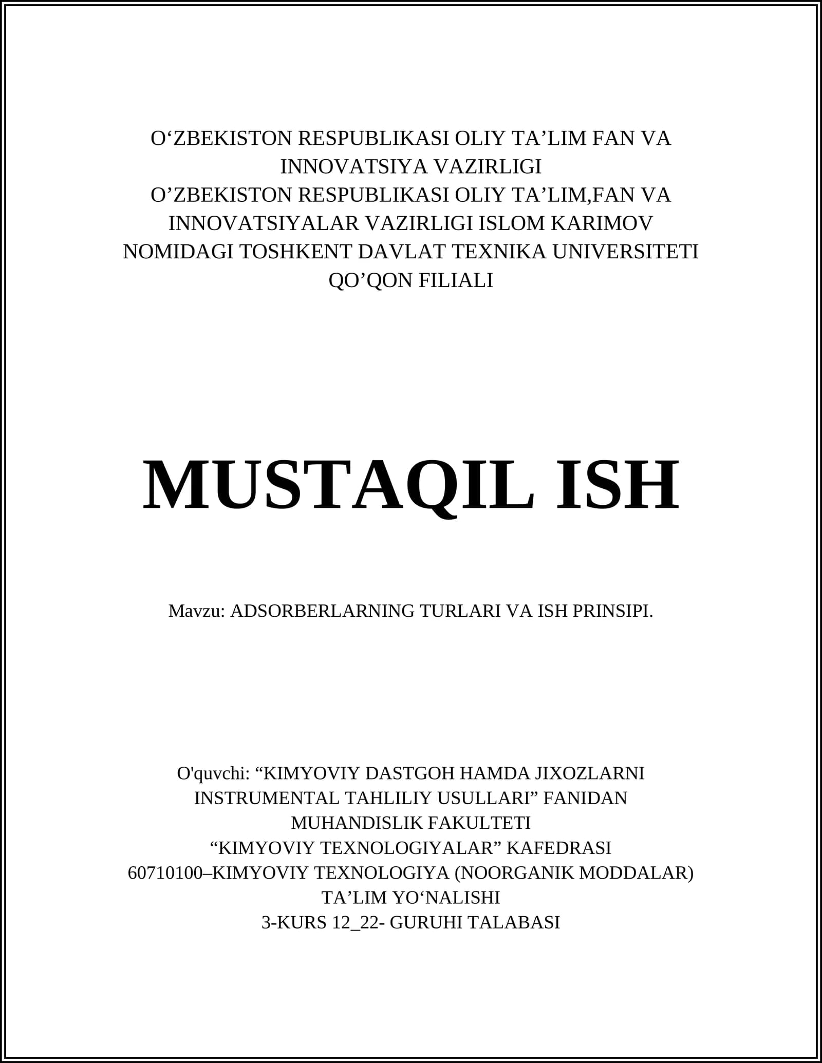 ADSORBERLARNING TURLARI VA ISH PRINSIPI