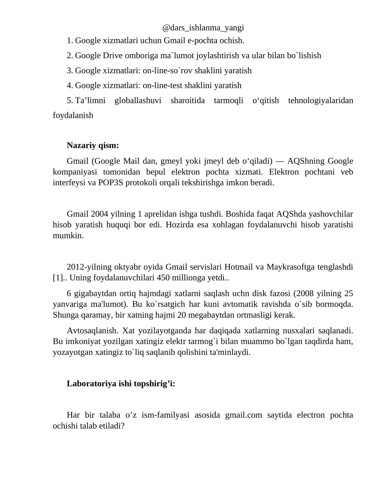 Google xizmatlari uchun Gmail e-pochta ochish