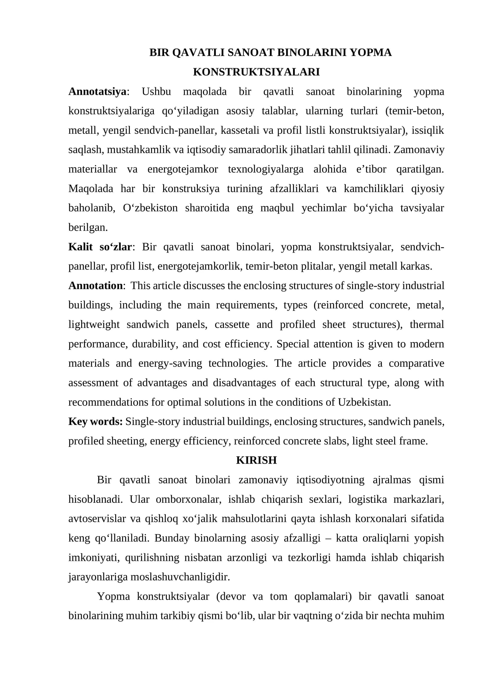 BIR QAVATLI SANOAT BINOLARINI YOPMA KONSTRUKTSIYALARI