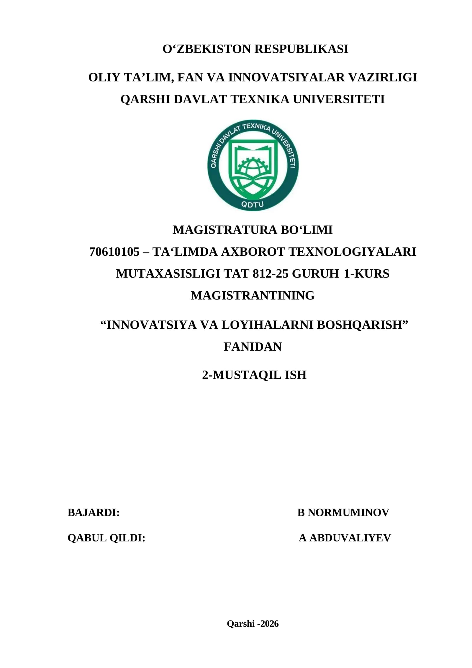 Innovatsiya va loyihalarni boshqarish