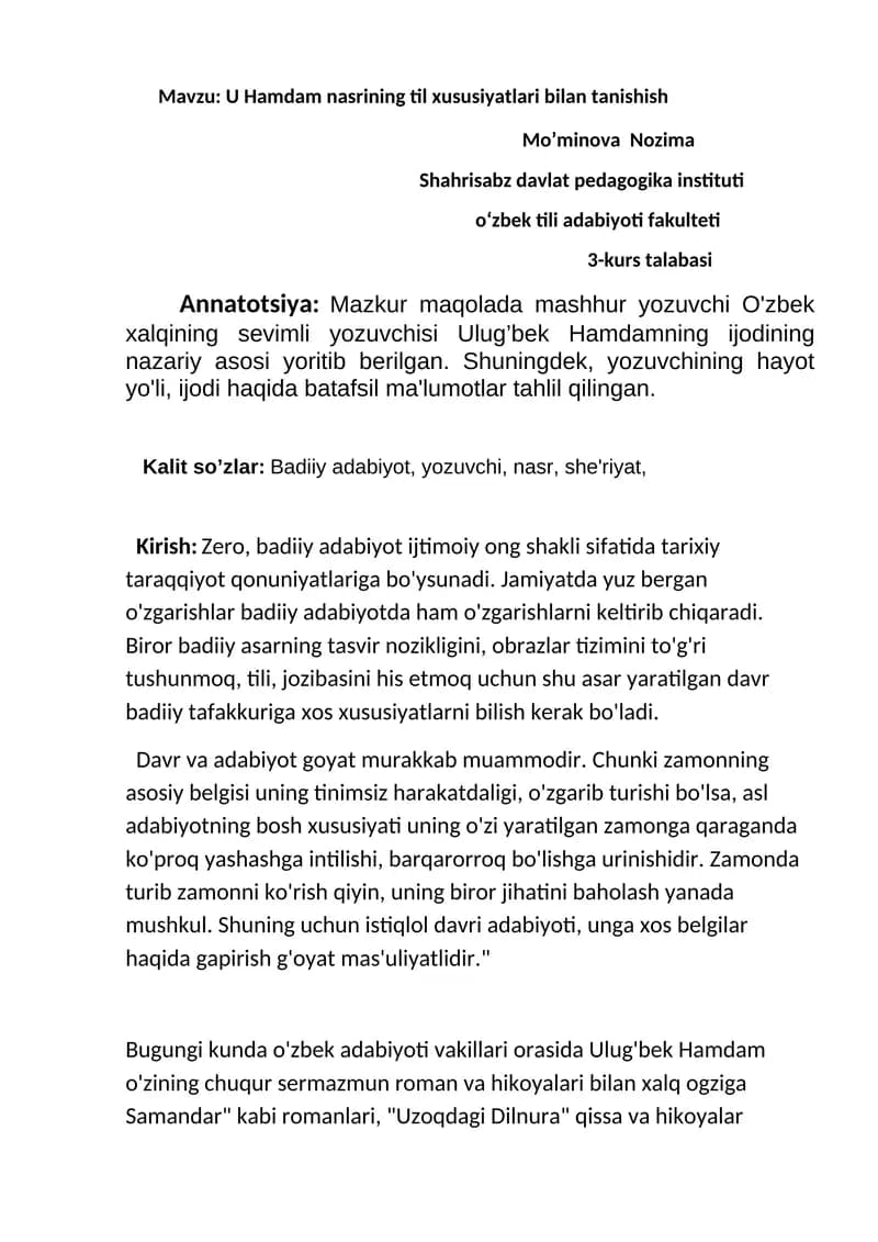 U Hamdam nasrining til xususiyatlari bilan tanishish