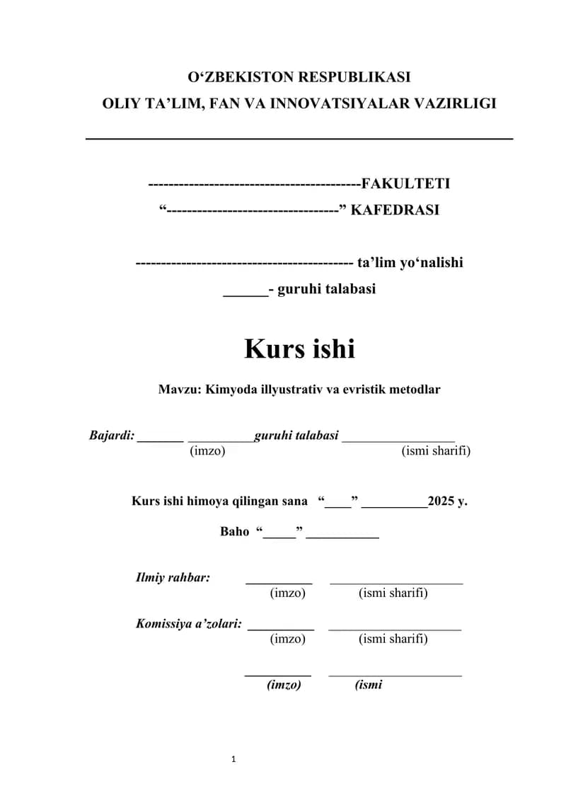 Kimyoda illyustrativ va evristik metodlar KURS ISHI