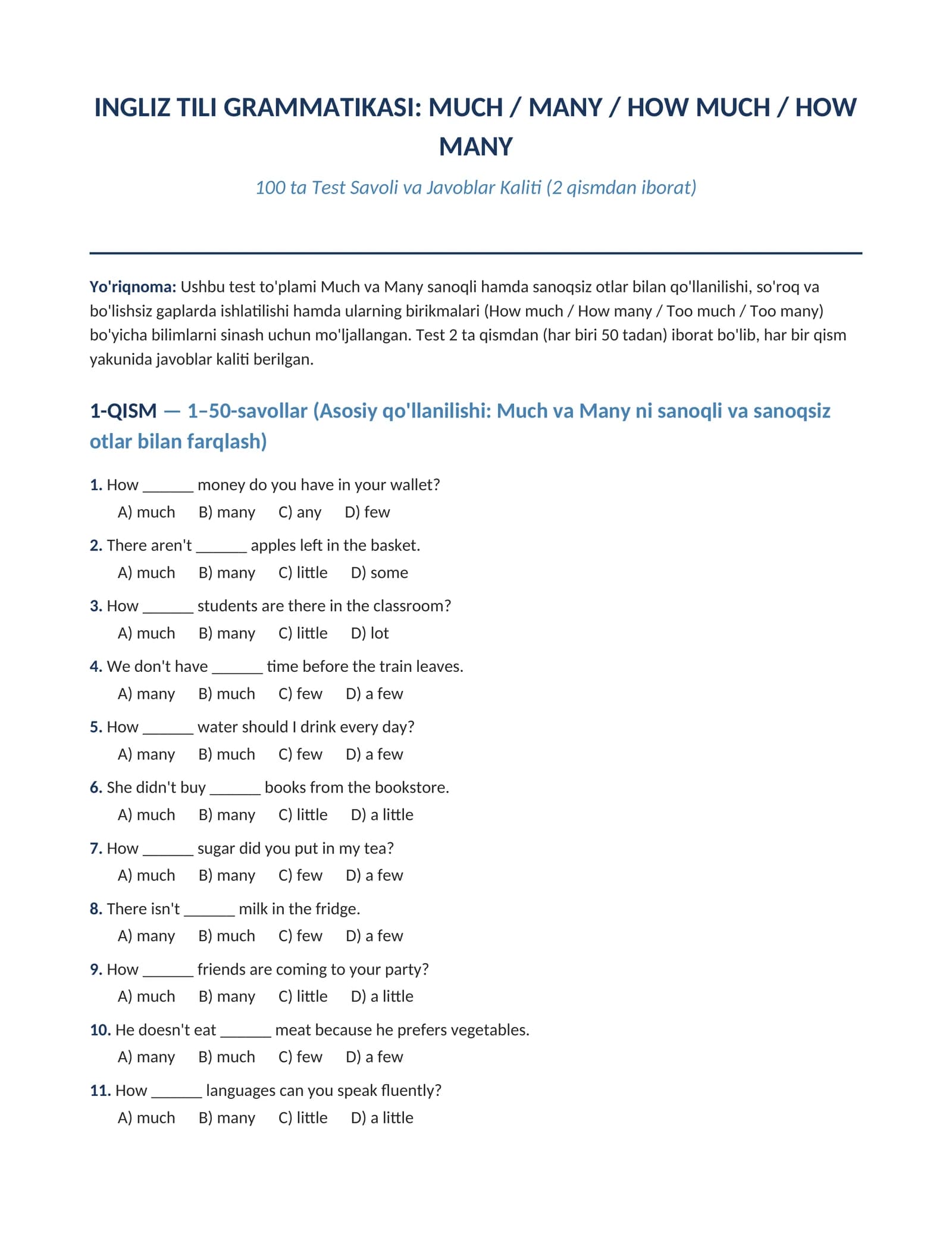 INGLIZ TILI GRAMMATIKASI: MUCH / MANY / HOW MUCH / HOW  MANY  mavzusi bo'yicha 100 talik test javoblari bilan