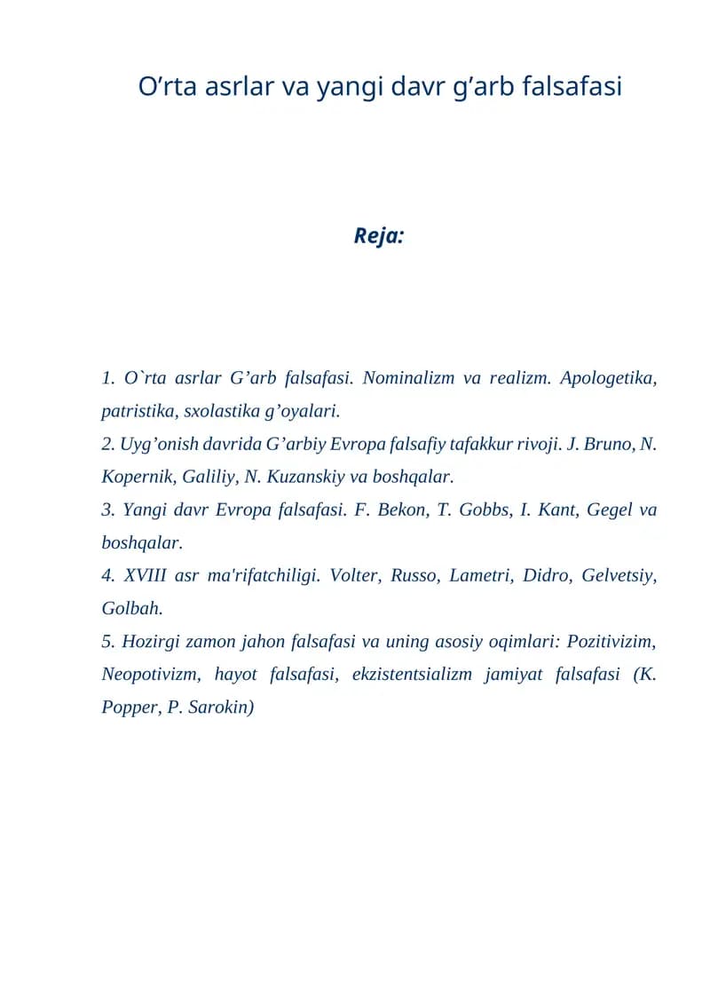 O’rta asrlar va yangi davr g’arb falsafasi