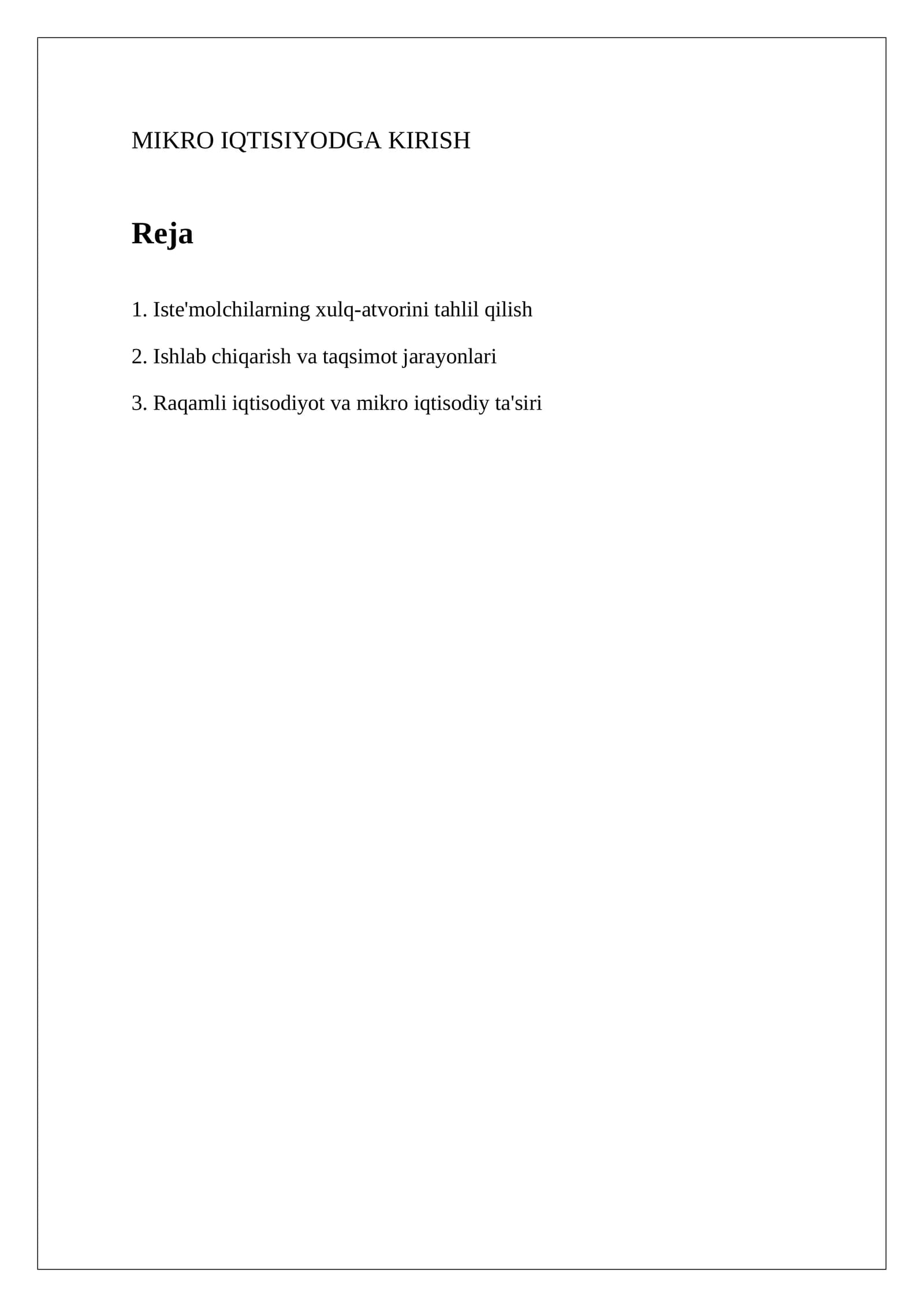 Mikro Iqtisodiyotga Kirish