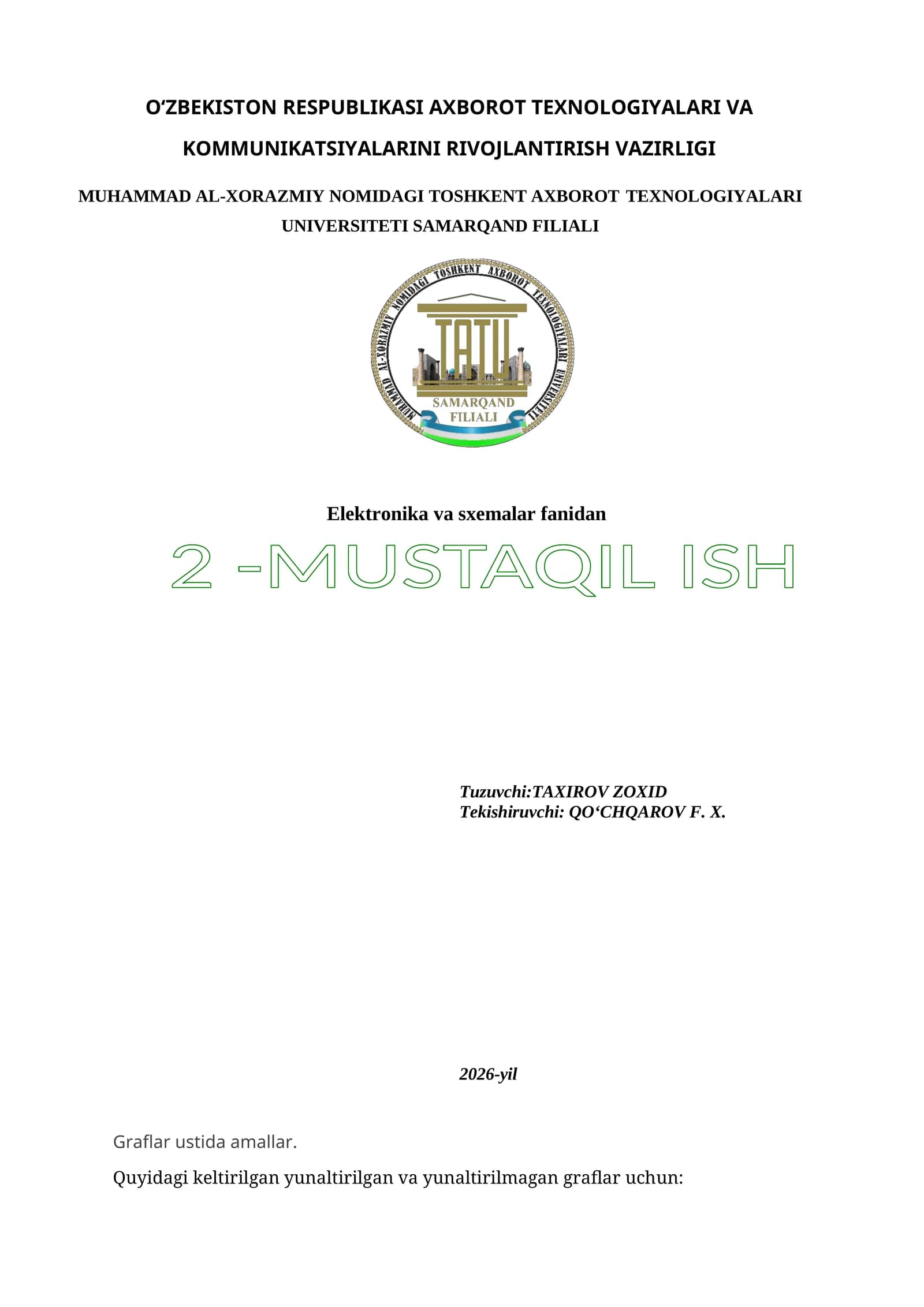 Elektronika va sxemalar fanidan 2 -MUSTAQIL ISH
