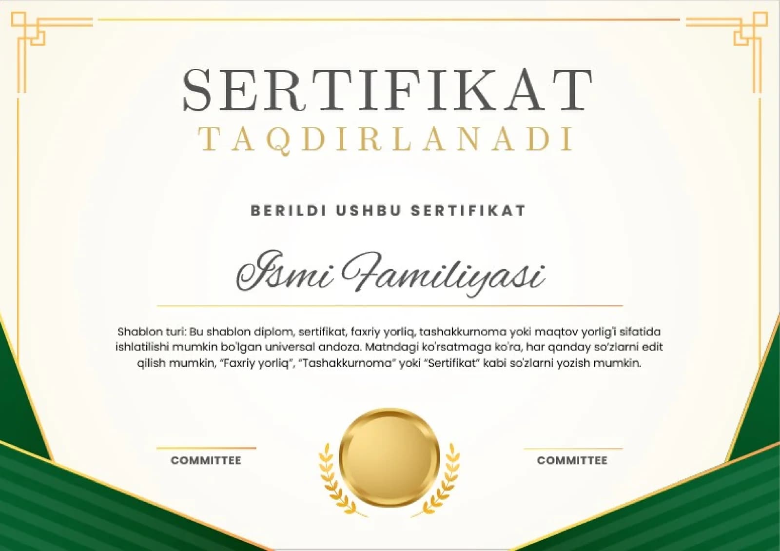 Shablon turi SERTIFIKAT