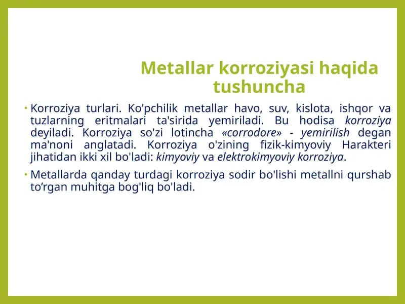 Metallarkorroziyasi haqida tushuncha