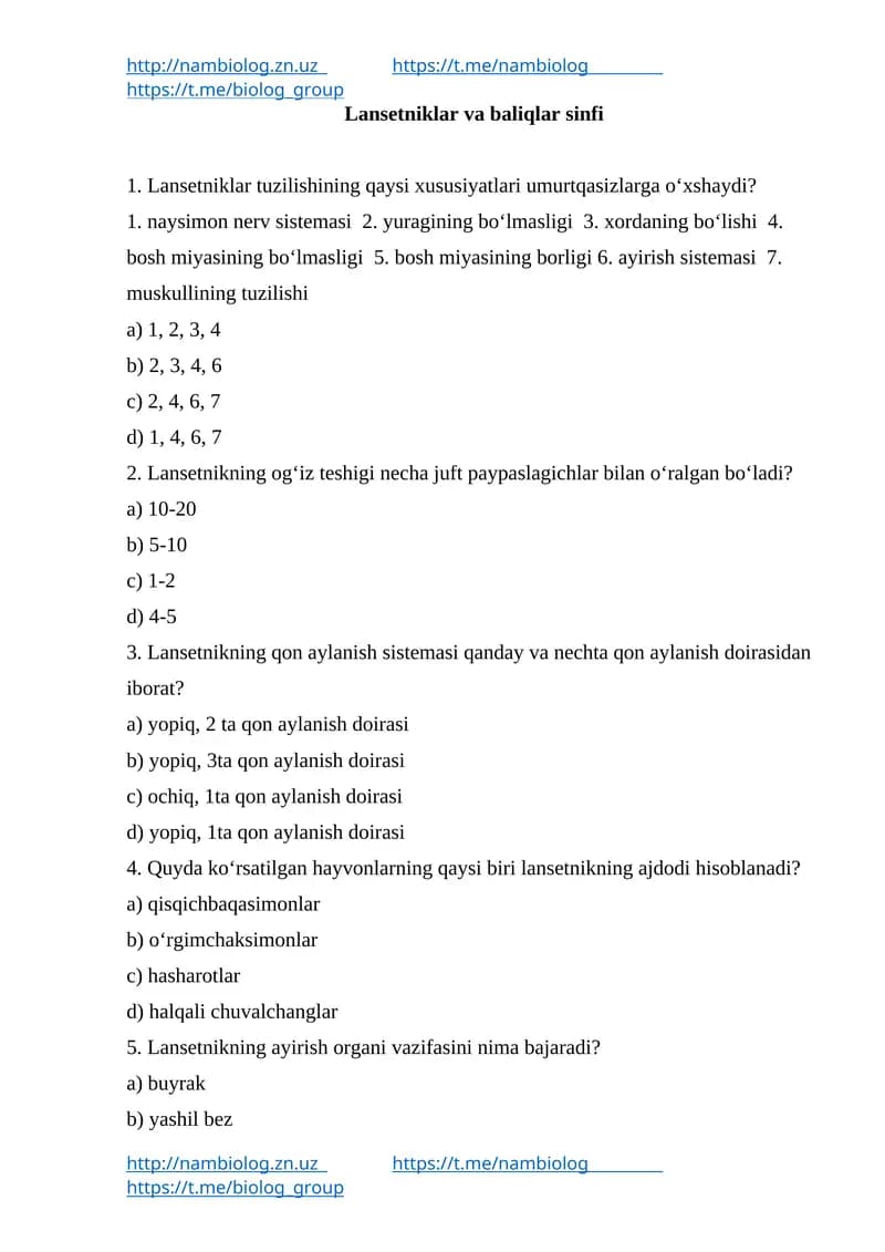Lansetniklar va baliqlar sinfi