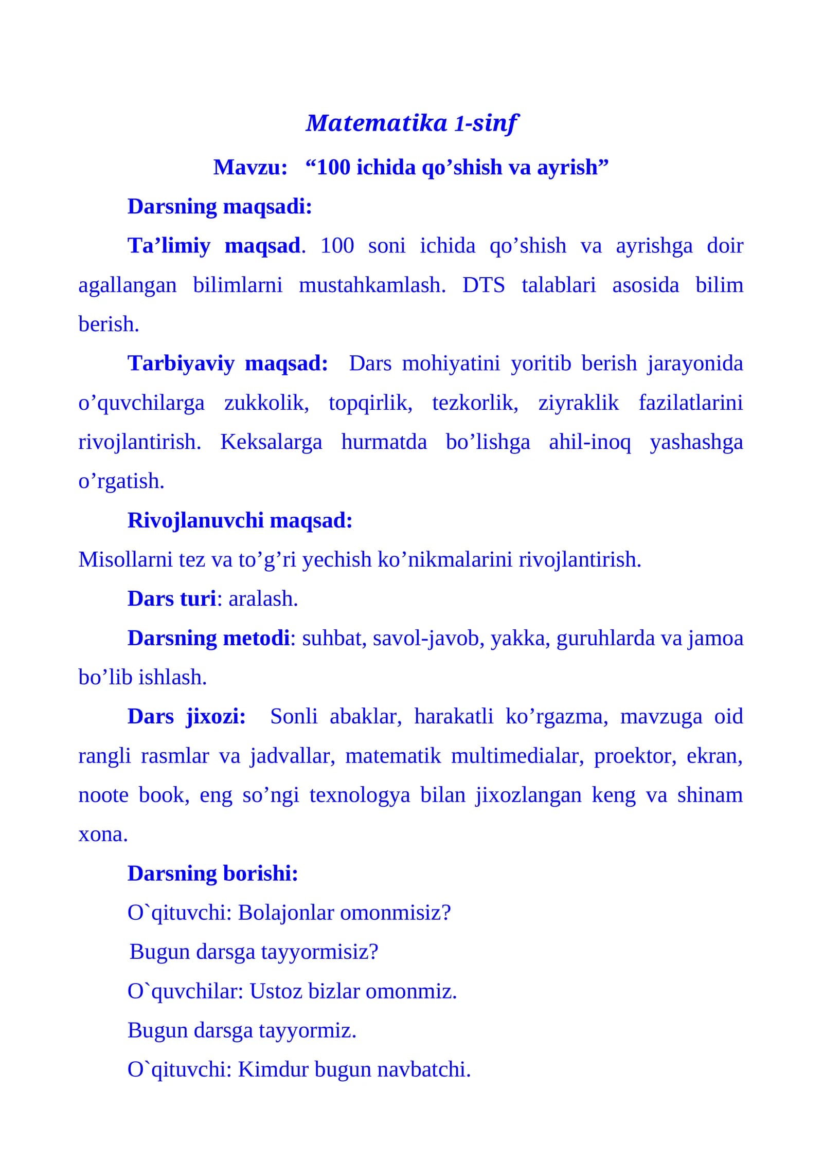 Matematika 1-sinf