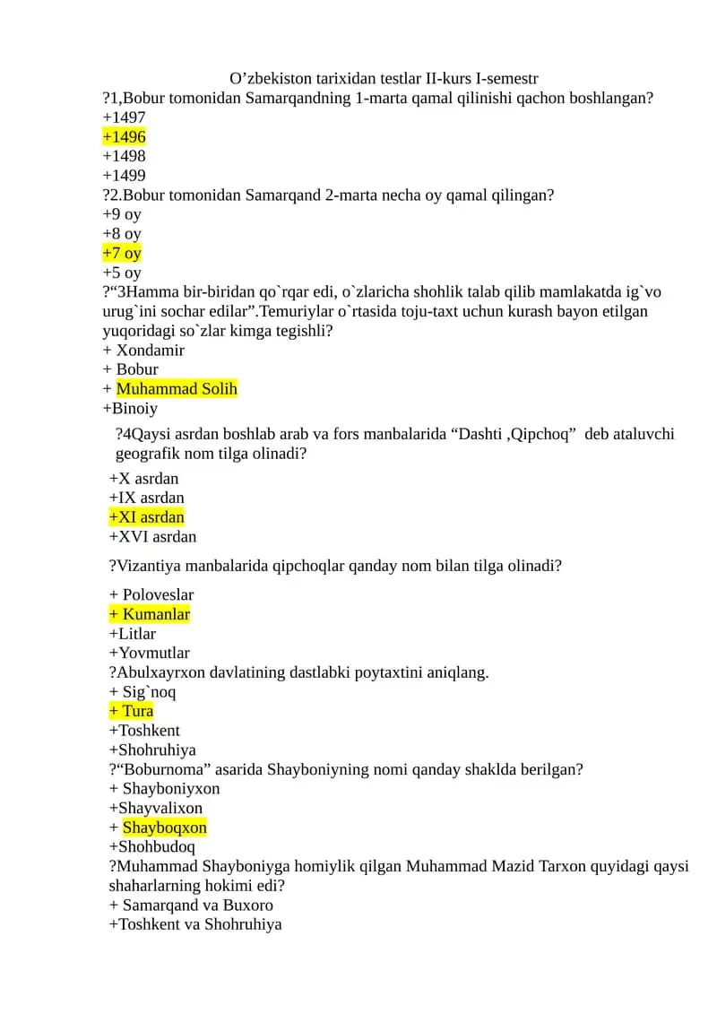 O’zbekiston tarixidan testlar II-kurs I-semestr