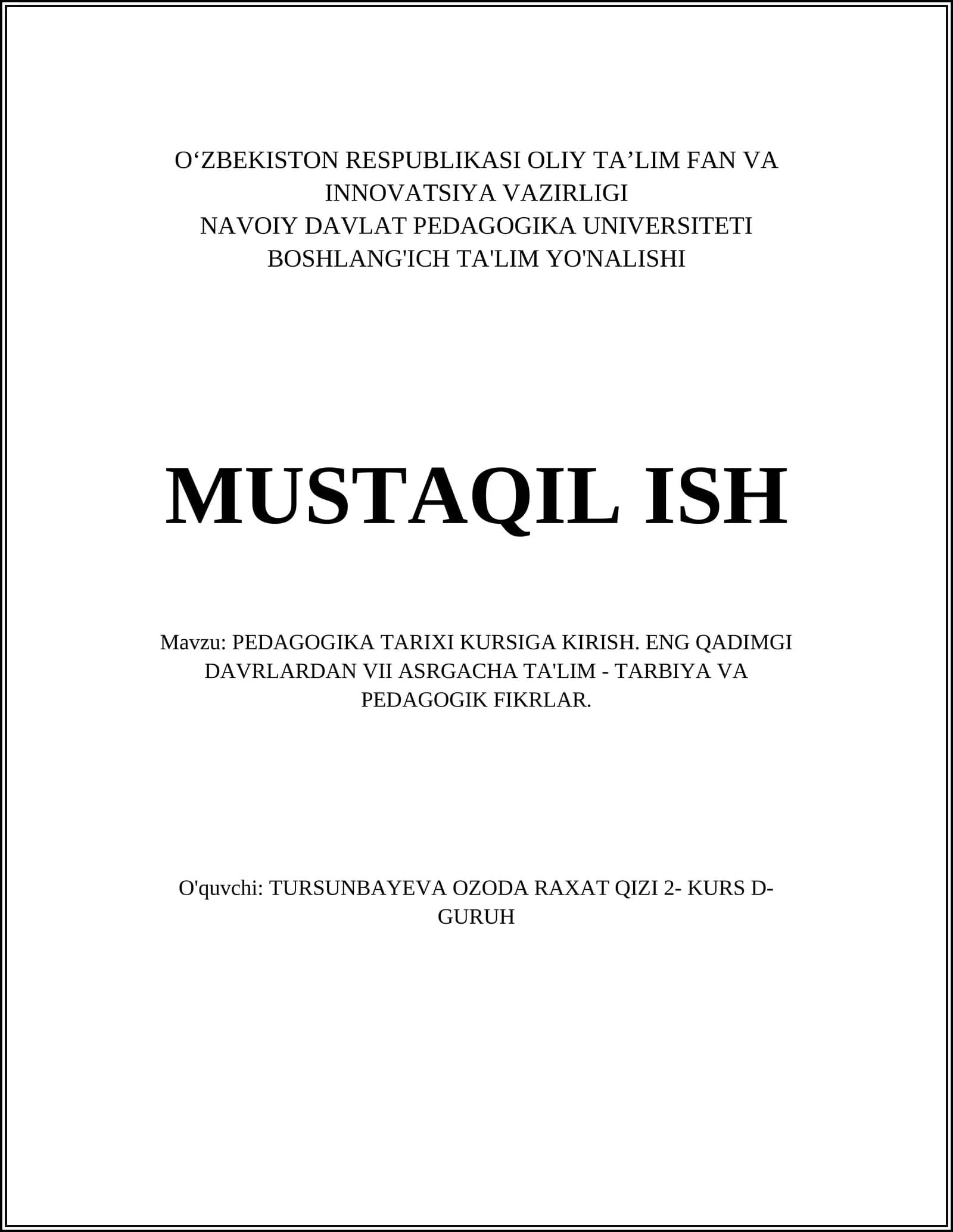 PEDAGOGIKA TARIXI KURSIGA KIRISH