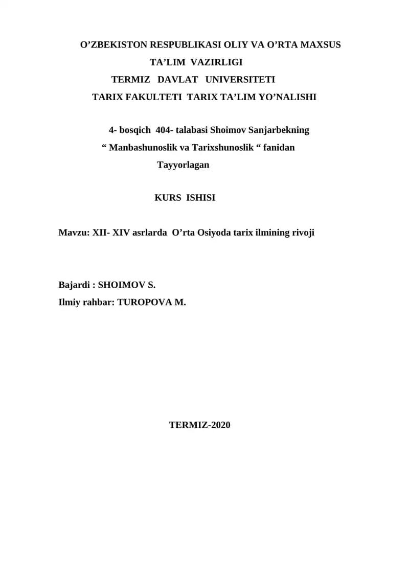 "MANBASHUNOSLIK VA TARIXSHUNOSLIK" KURS ISHISI