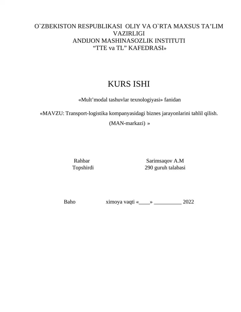 Transport-logistika kompanyasidagi biznes jarayonlarini tahlil qilish