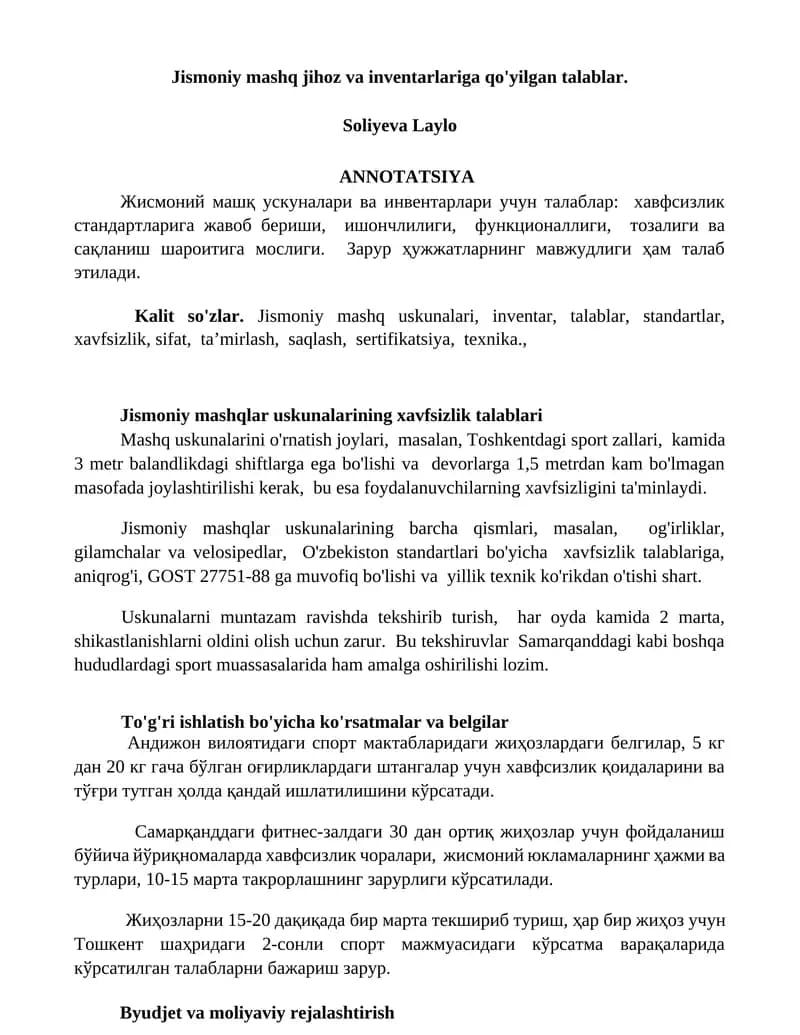 Jismoniy mashq uskunalarining xavfsizlik talablari