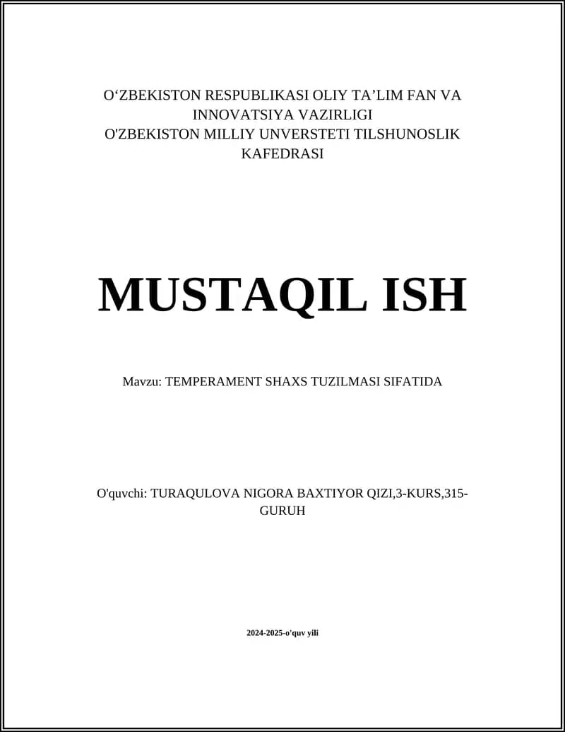 TEMPERAMENT SHAXS TUZILMASI SIFATIDA