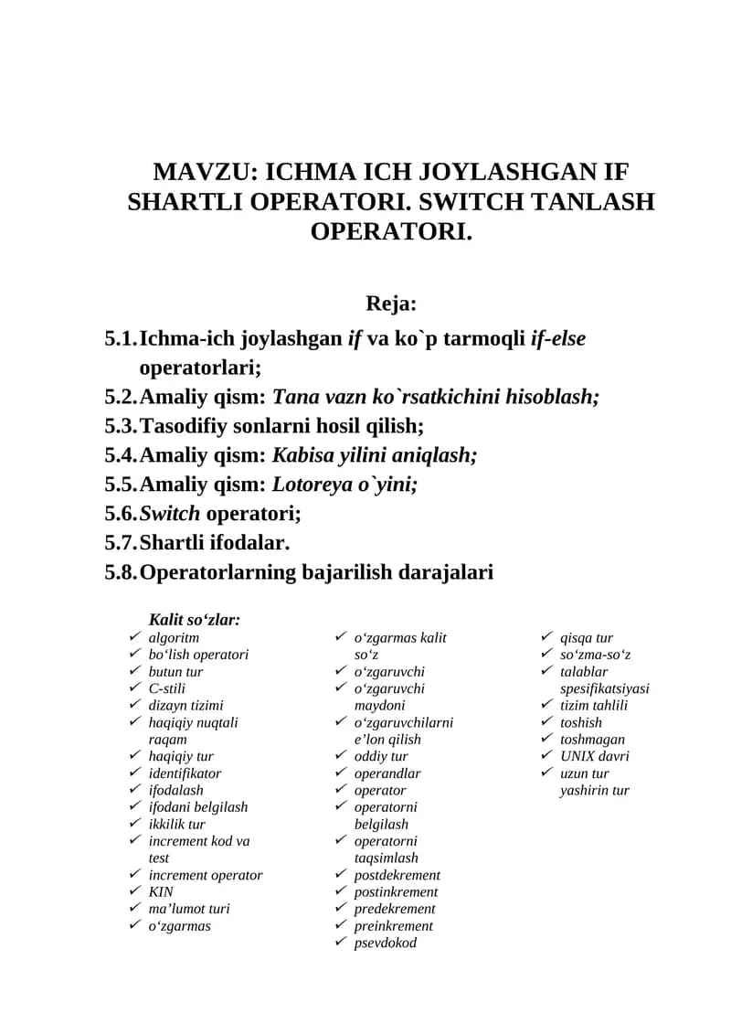 ICHMA ICH JOYLASHGAN IF SHARTLI OPERATORI. SWITCH TANLASH OPERATORI.