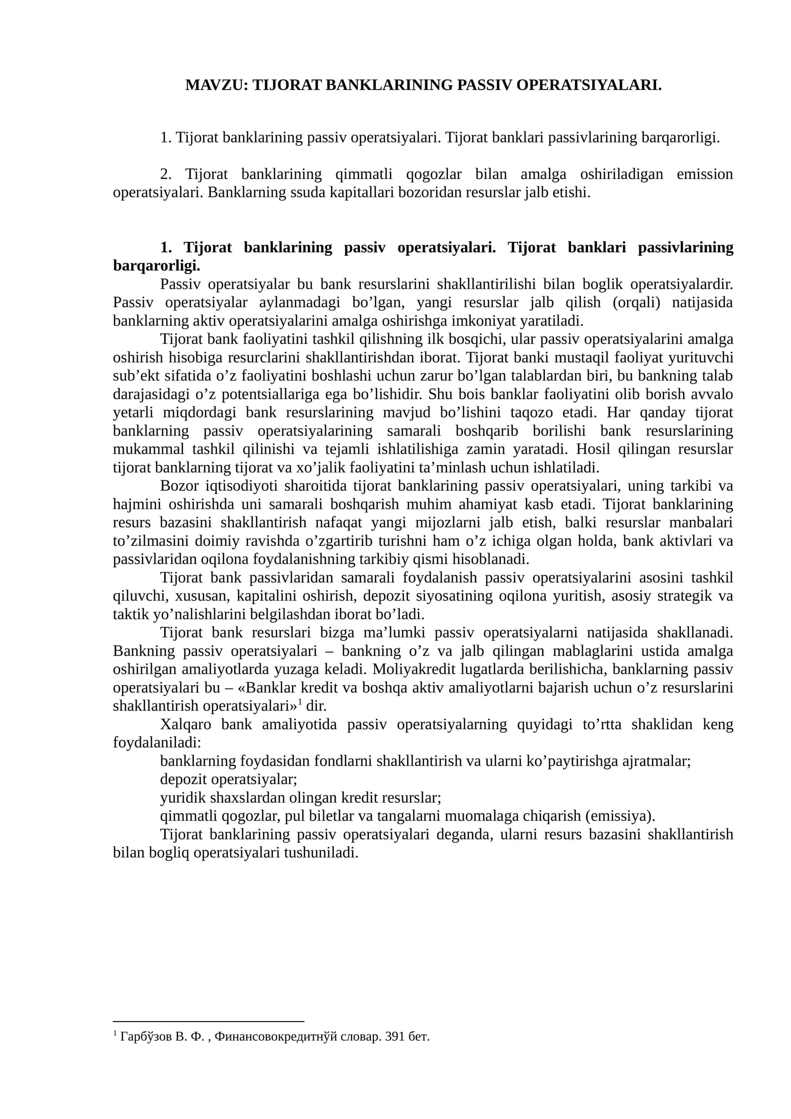 TIJORAT BANKLARINING PASSIV OPERATSIYALARI