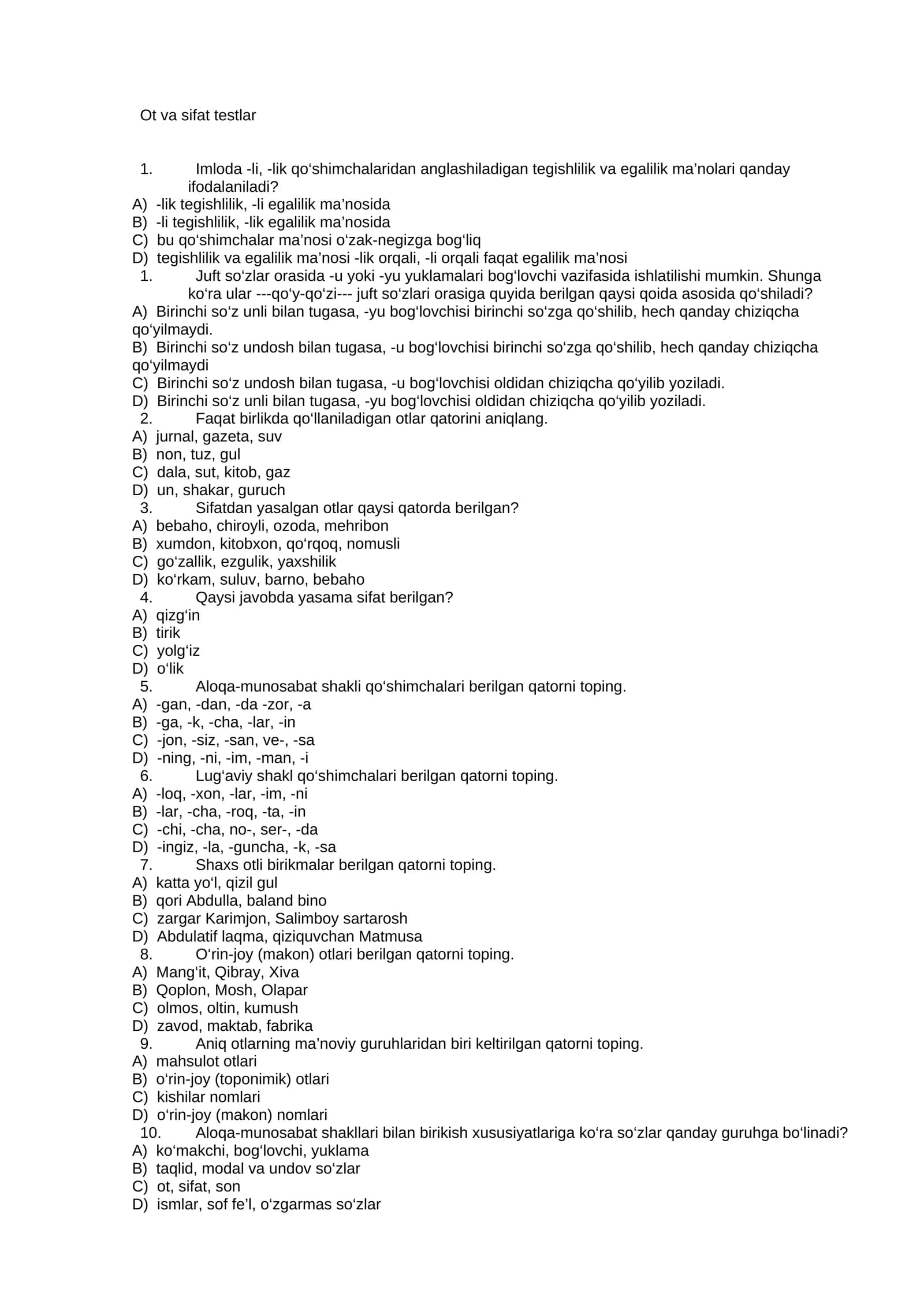 Ot va sifat testlar