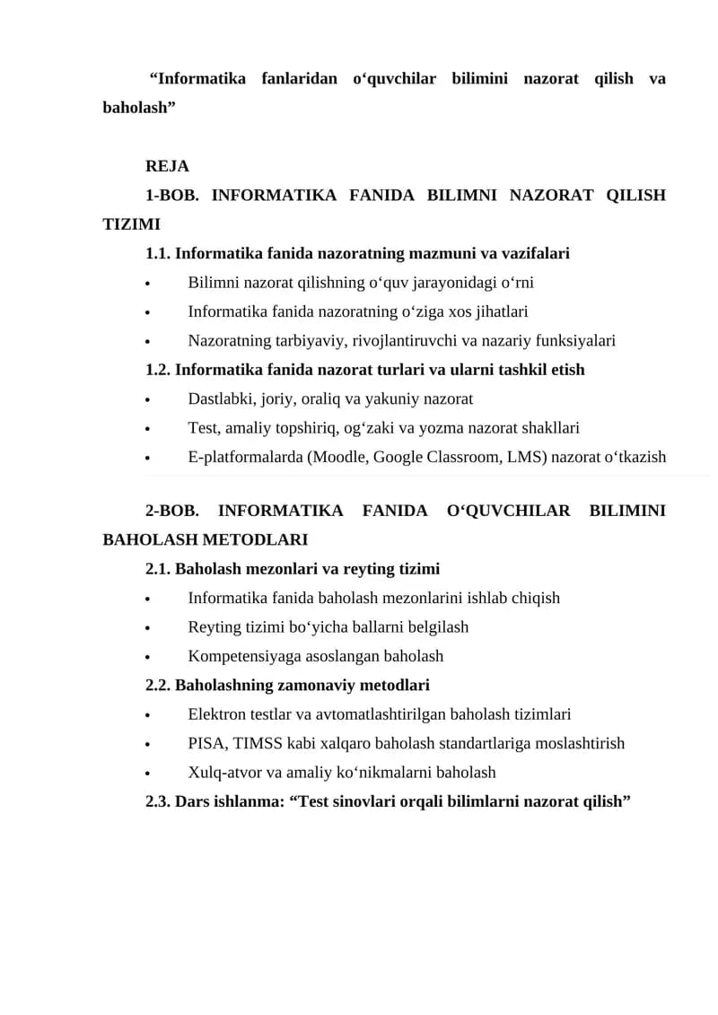 Informatika fanlaridan o‘quvchilar bilimini nazorat qilish va baholash