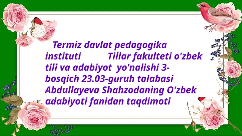 O'zbek adabiyoti fanida taqdimoti