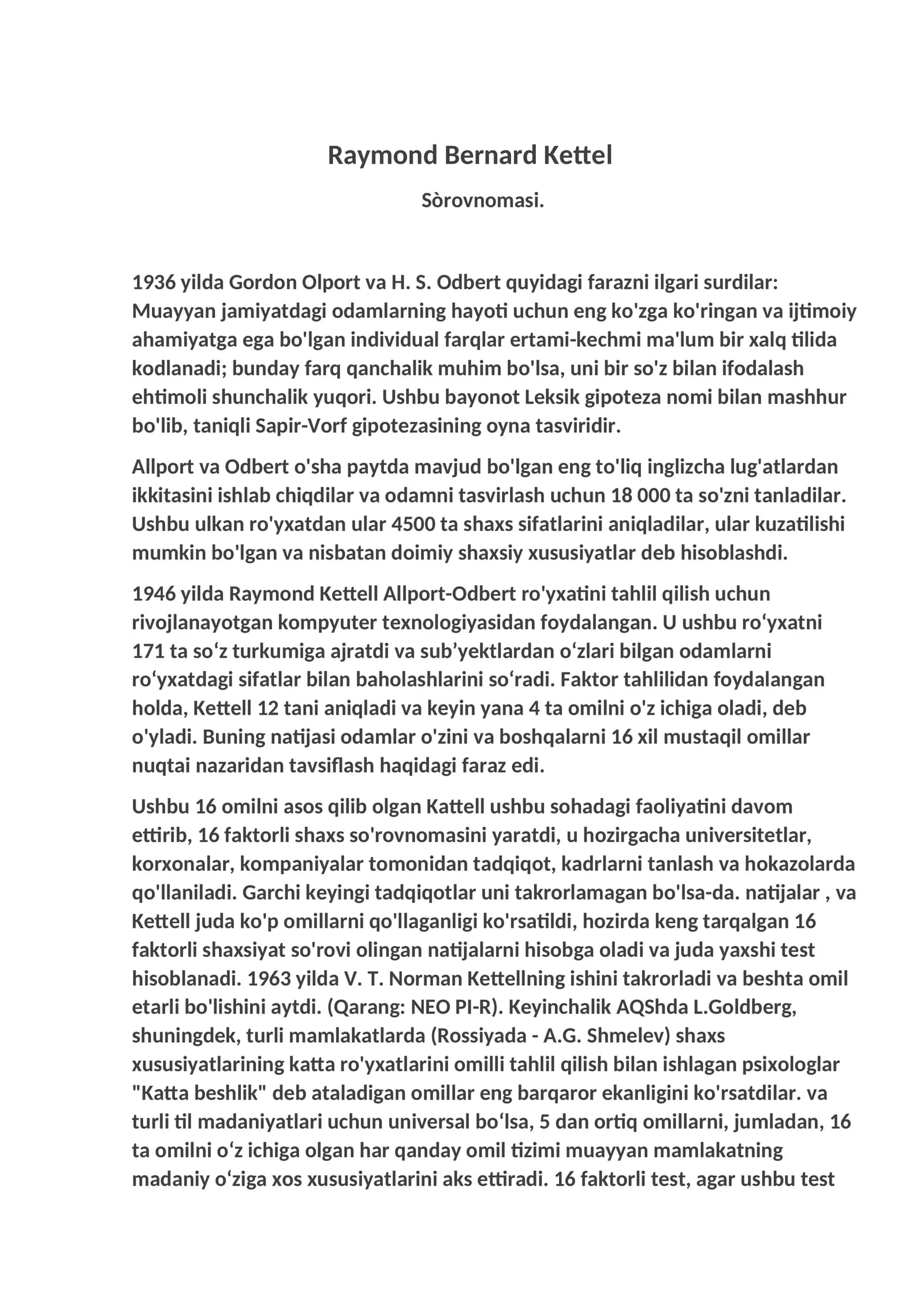 Raymond Bernard Kettel Sòrovnomasi