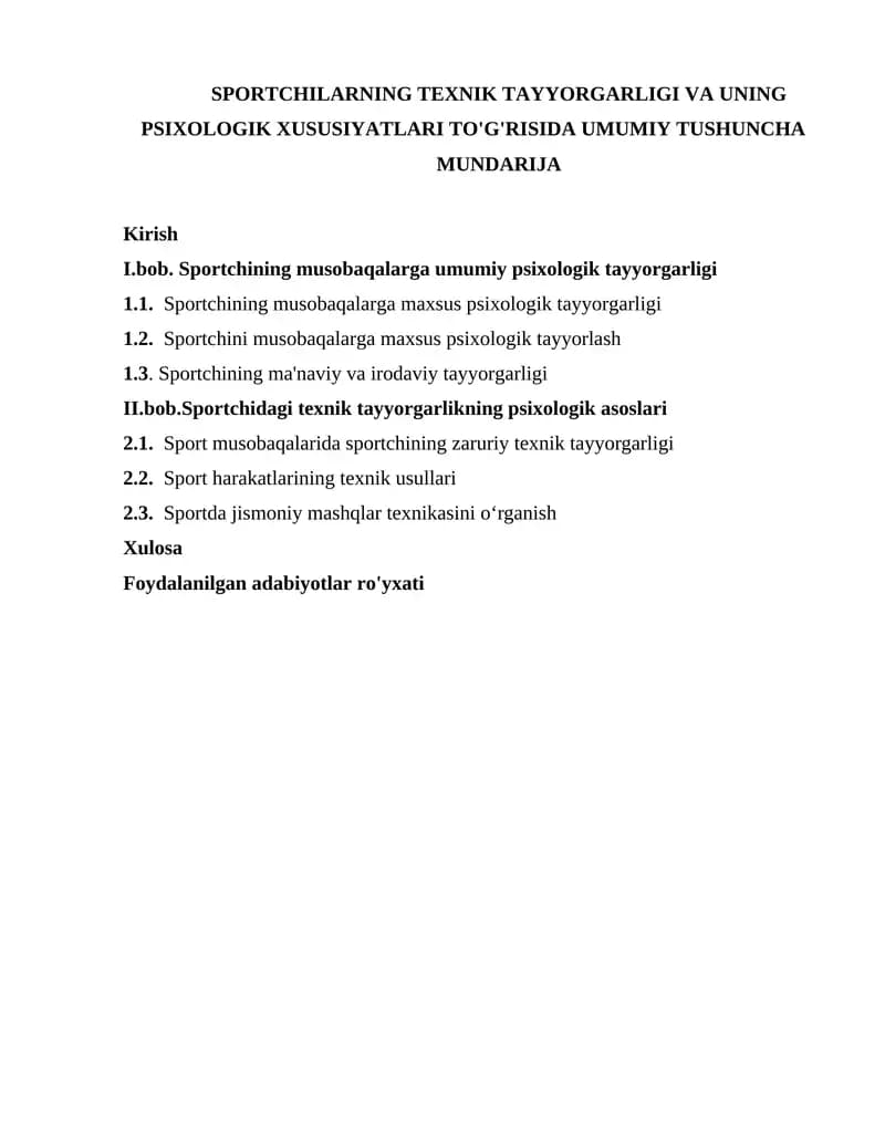 SPORTCHILARNING TEXNIK TAYYORGARLIGI VA UNING PSIXOLOGIK XUSUSIYATLARI