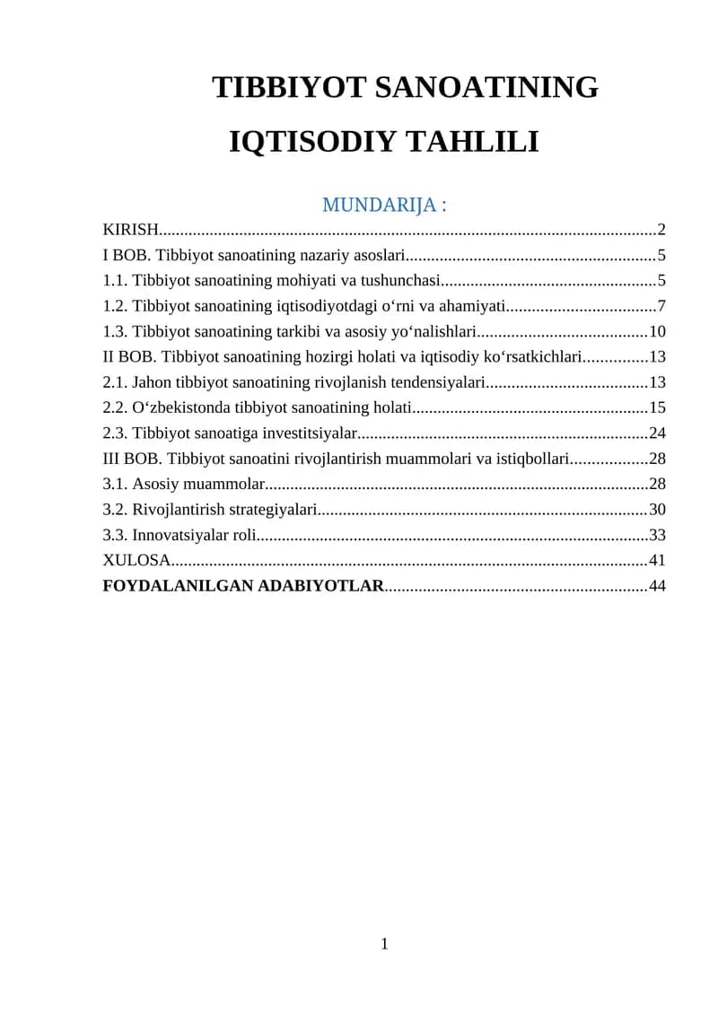 Tibbiyot Sanoating Iqtisodiy Tahlili