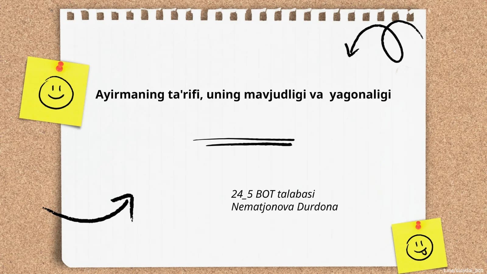 Ayirmaning ta'rifi, uning mavjudligi va yagonaligi
