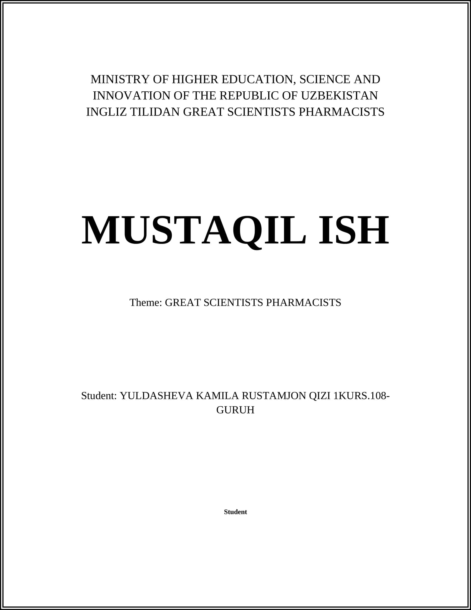 INGLIZ TILIDAN GREAT SCIENTISTS PHARMACISTS MUSTAQIL ISH