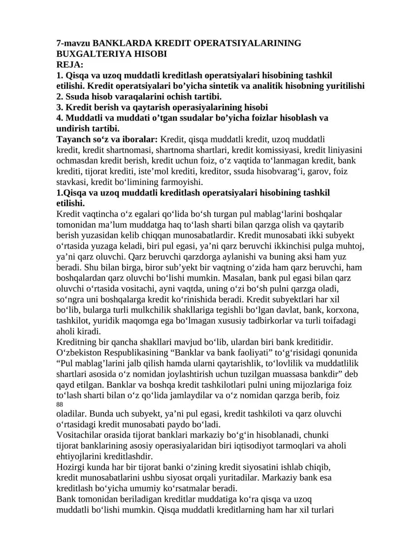 BANKLARDA KREDIT OPERATSIYALARINING BUXGALTERIYA HISOBI