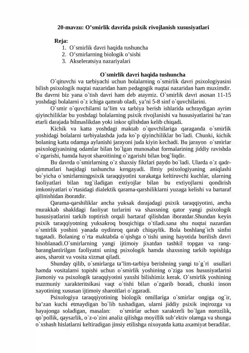 O’smirlik davrida psixik rivojlanish xususiyatlari