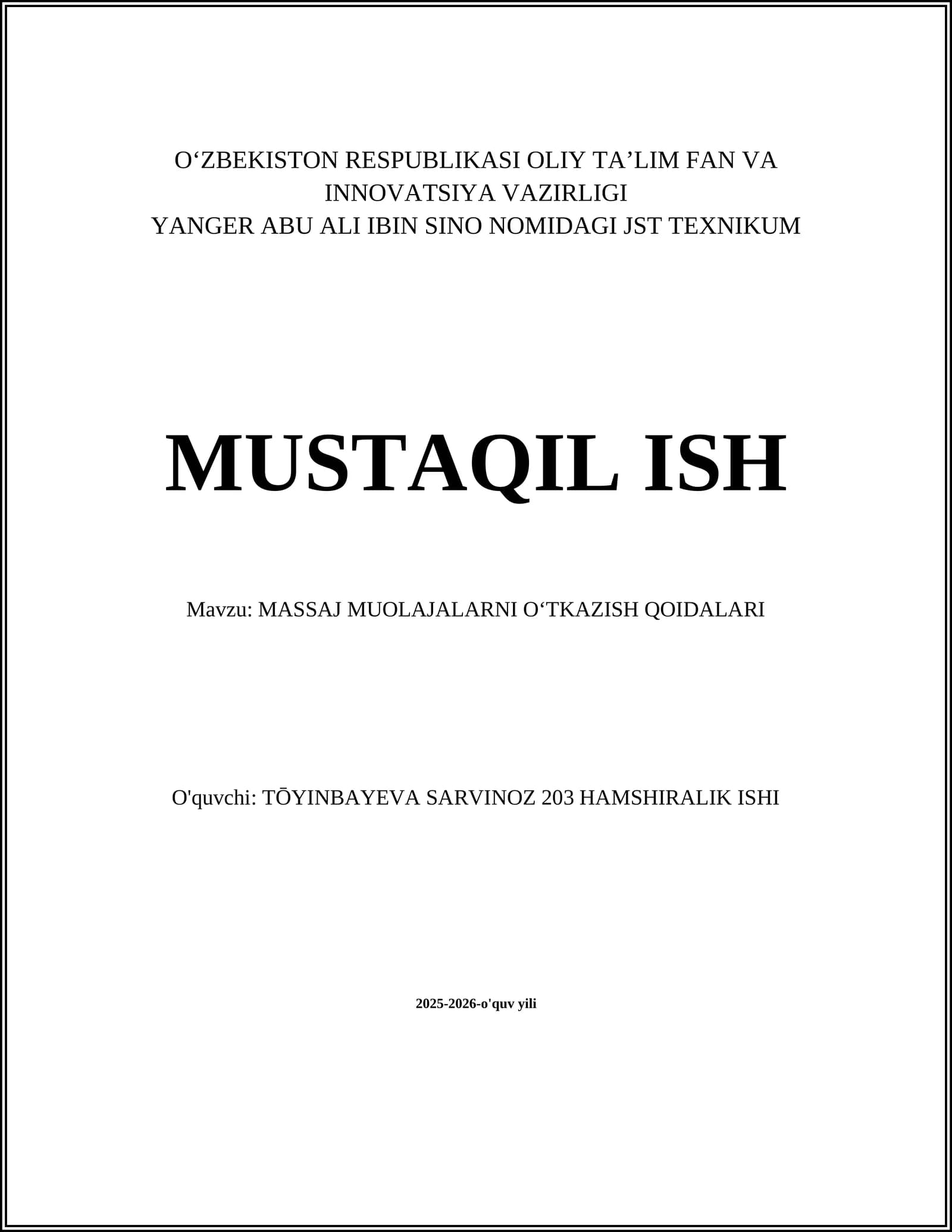 MASSAJ MUOLAJALARNI OʻTKAZISH QOIDALARI