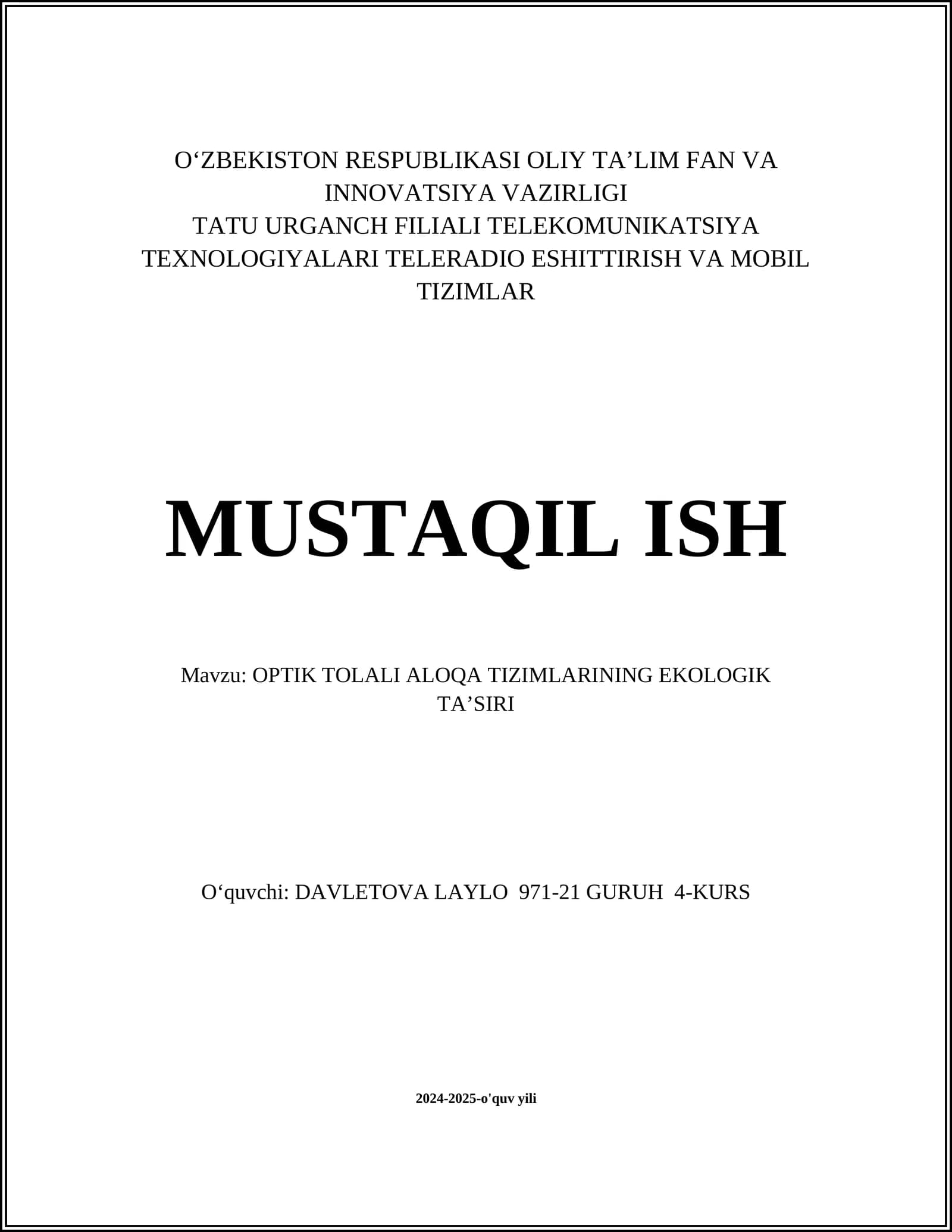 OPTIK TOLALI ALOQA TIZIMLARINING EKOLOGIK TA’SIRI