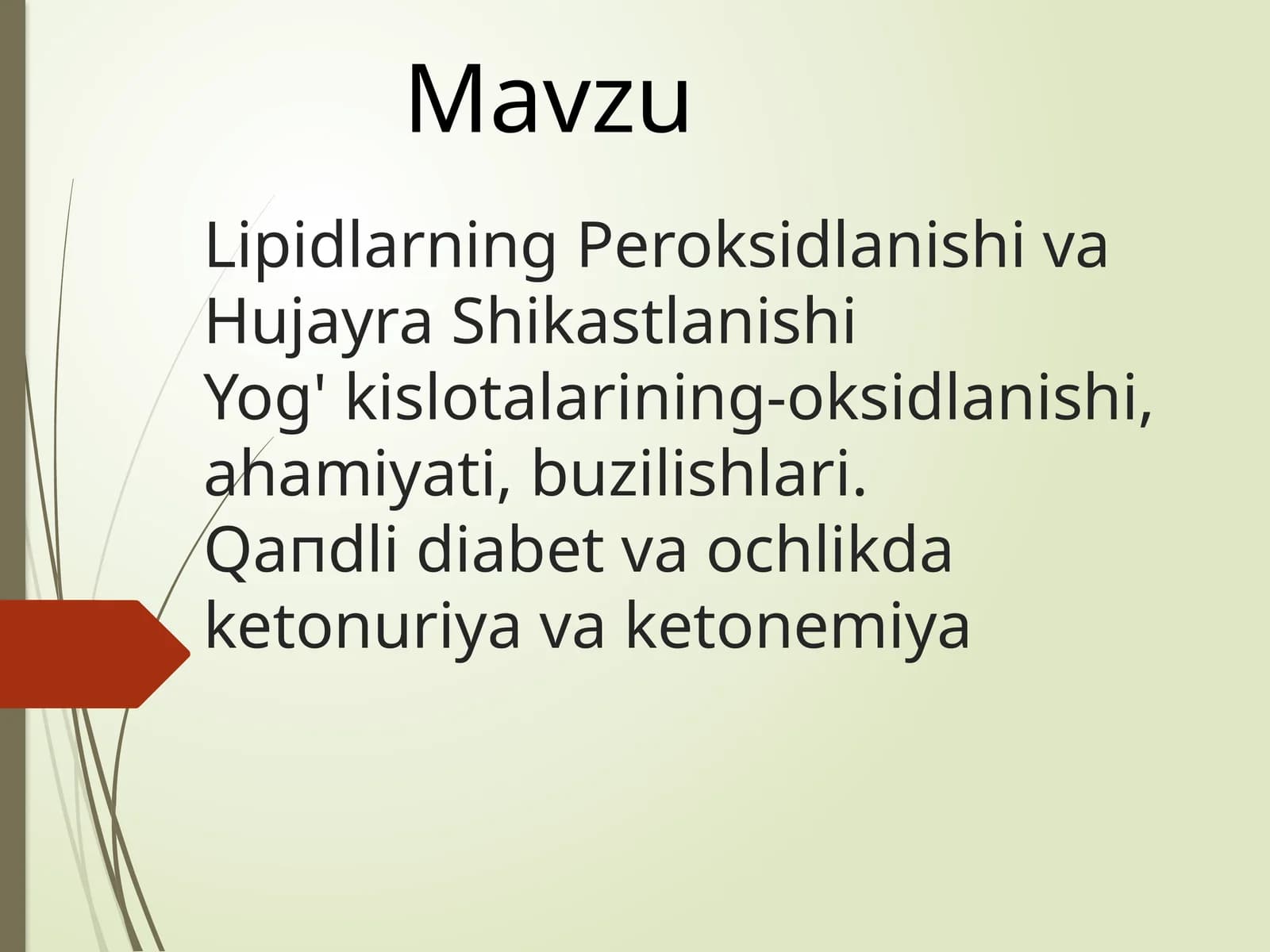 Lipidlarning Peroksidlanishi va Hujayra Shikastlanishi Yog' kislotalarining-oksidlanishi, ahamiyati, buzilishlari. Qandli diabet va ochlikda ketonuriya va ketonemiya