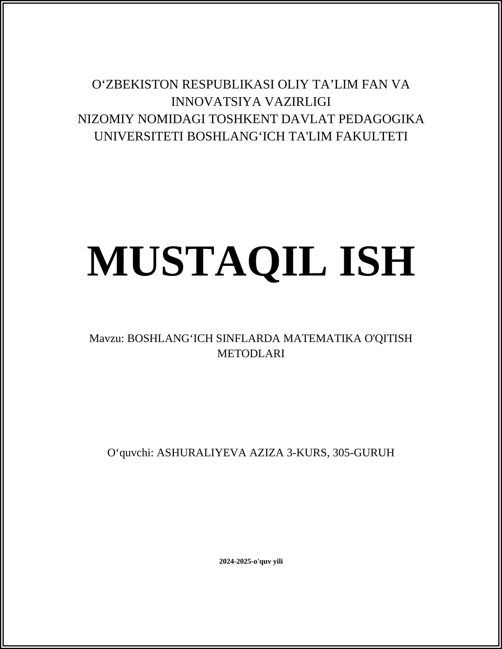 BOSHLANGʻICH SINFLARDA MATEMATIKA O'QITISH METODLARI