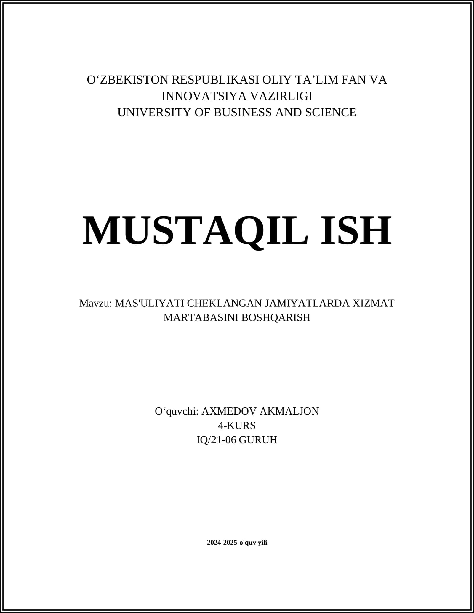 MAS'ULIYATI CHEKLANGAN JAMIYATLARDA XIZMAT MARTABASINI BOSHQARISH