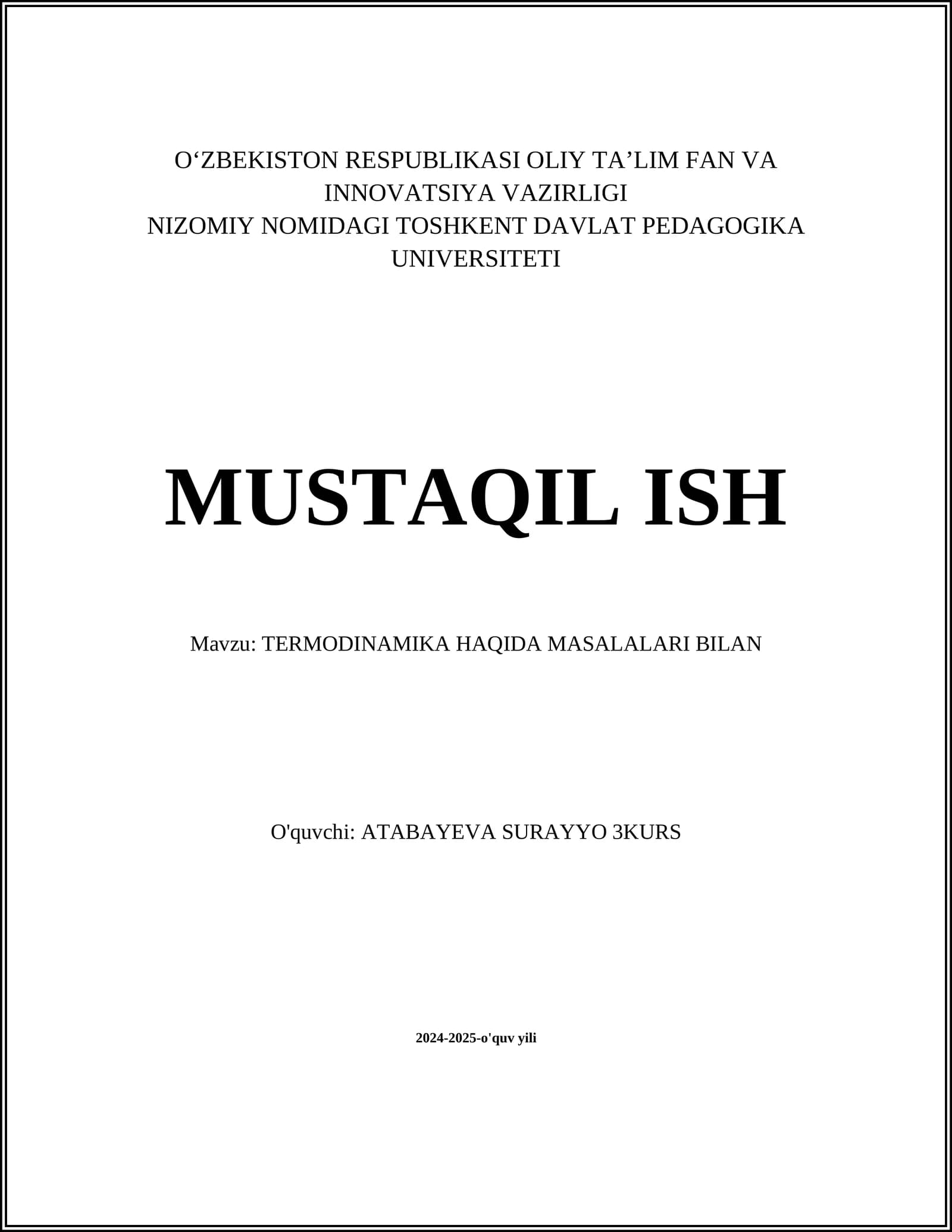 TERMODINAMIKA HAQIDA MASALALARI BILAN