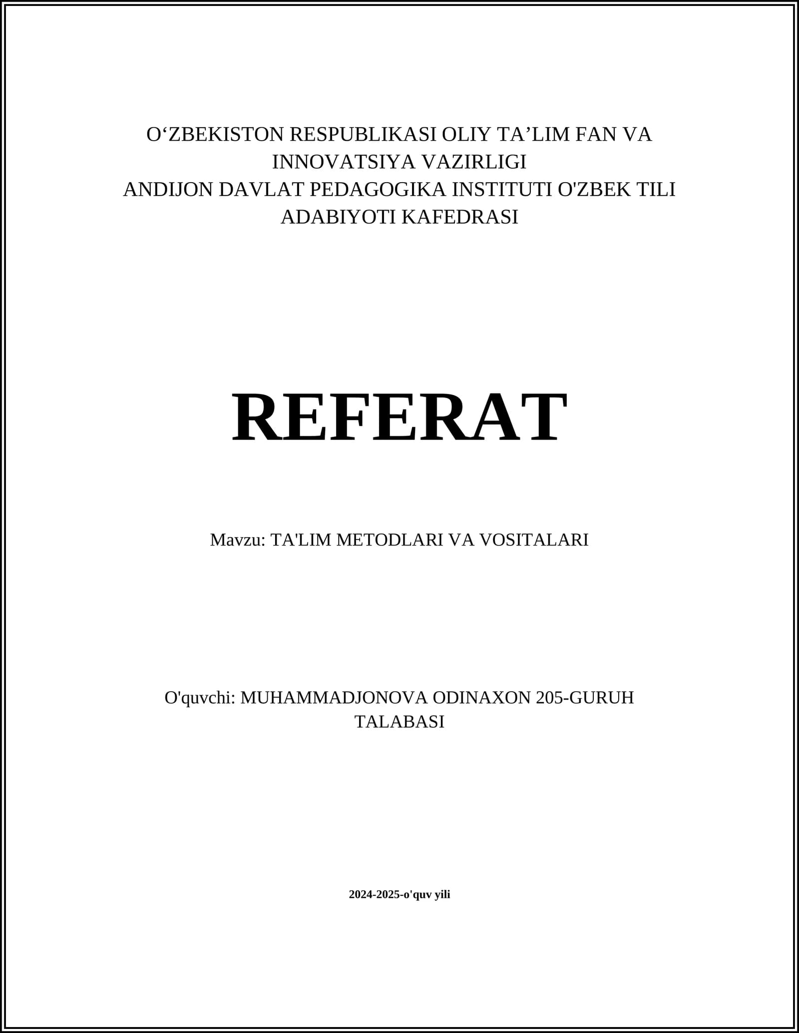 TA'LIM METODLARI VA VOSITALARI