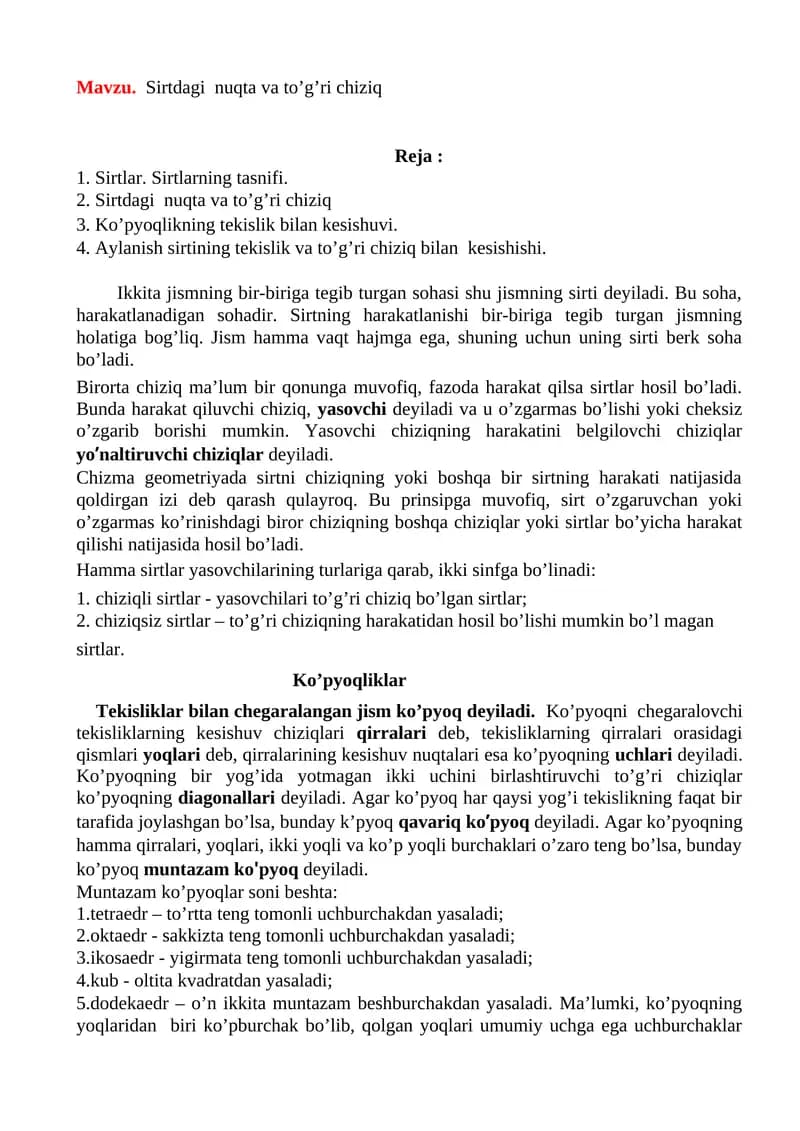Sirtdagi nuqta va to’g’ri chiziq