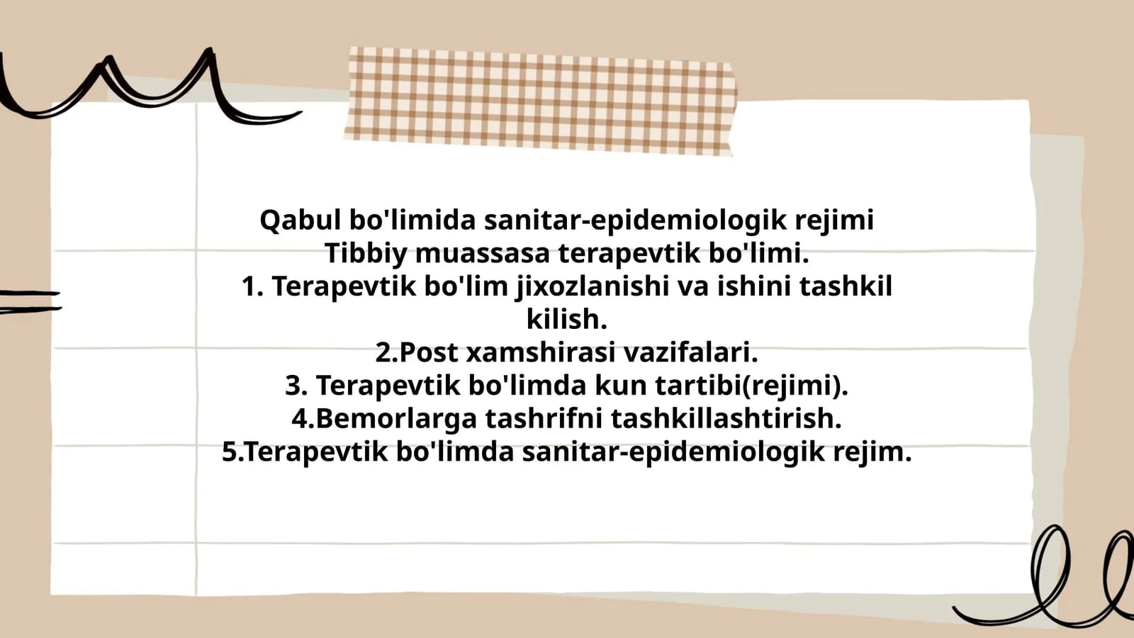 Sanitar-epidemiologik rejim Tibbiy muassasa terapevtik bo'limi