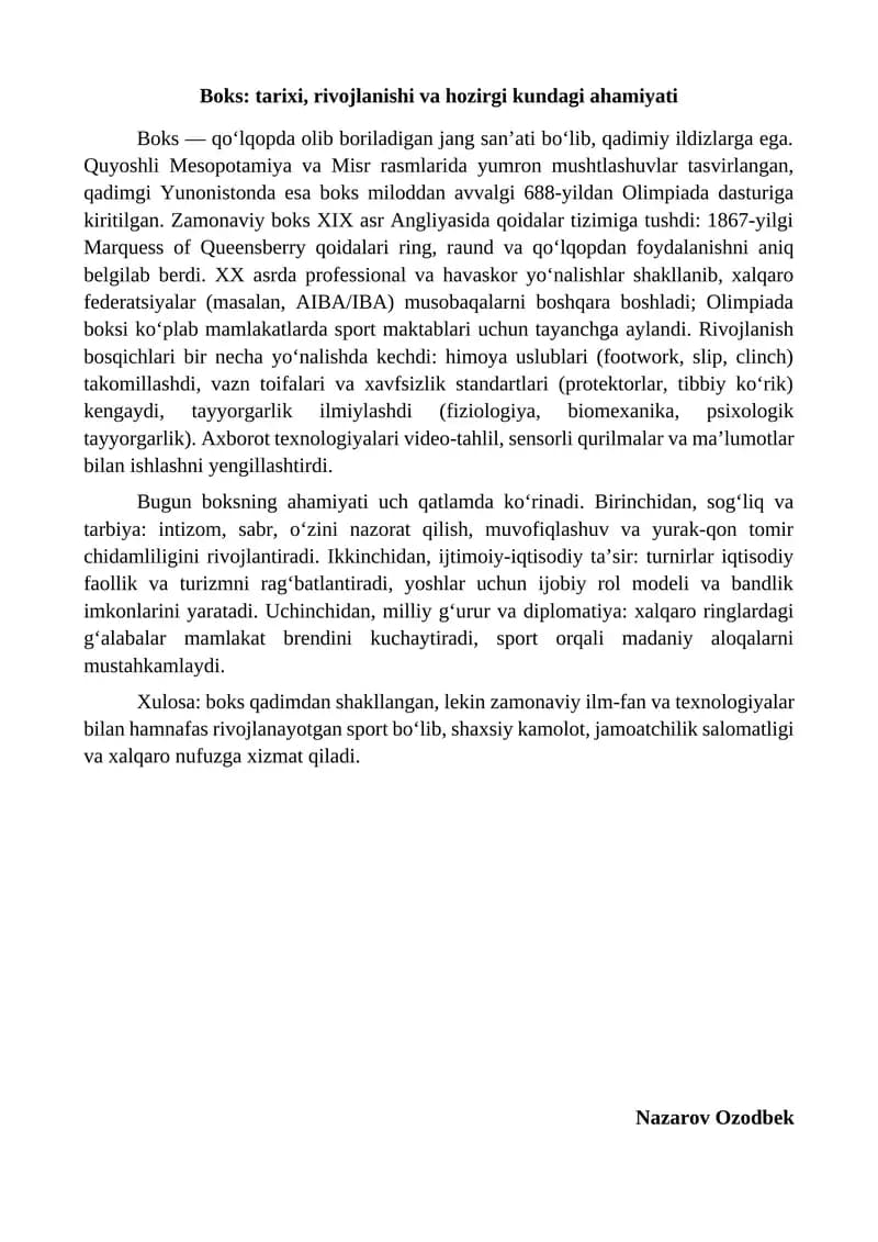 Boks: tarixi, rivojlanishi va hozirgi kundagi ahamiyati