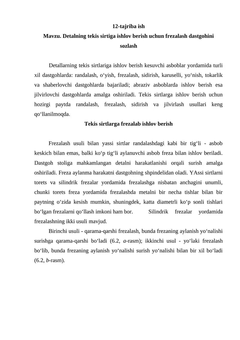 Tekis sirtlarga frezalab ishlov berish