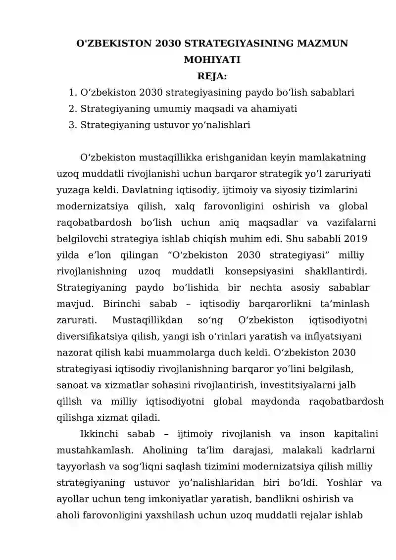 O'ZBEKISTON 2030 STRATEGIYASINING MAZMUN MOHIYATI